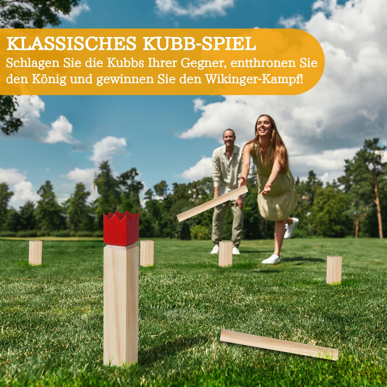Kubb Wikinger Wurfspiel Groß - Original 5 Kubb Outdoor Spiele - Schwedenschach aus massiv Holz - mit Tasche & Spielanleitung - Holzspiel für Wiesen, Strände und Gärten
