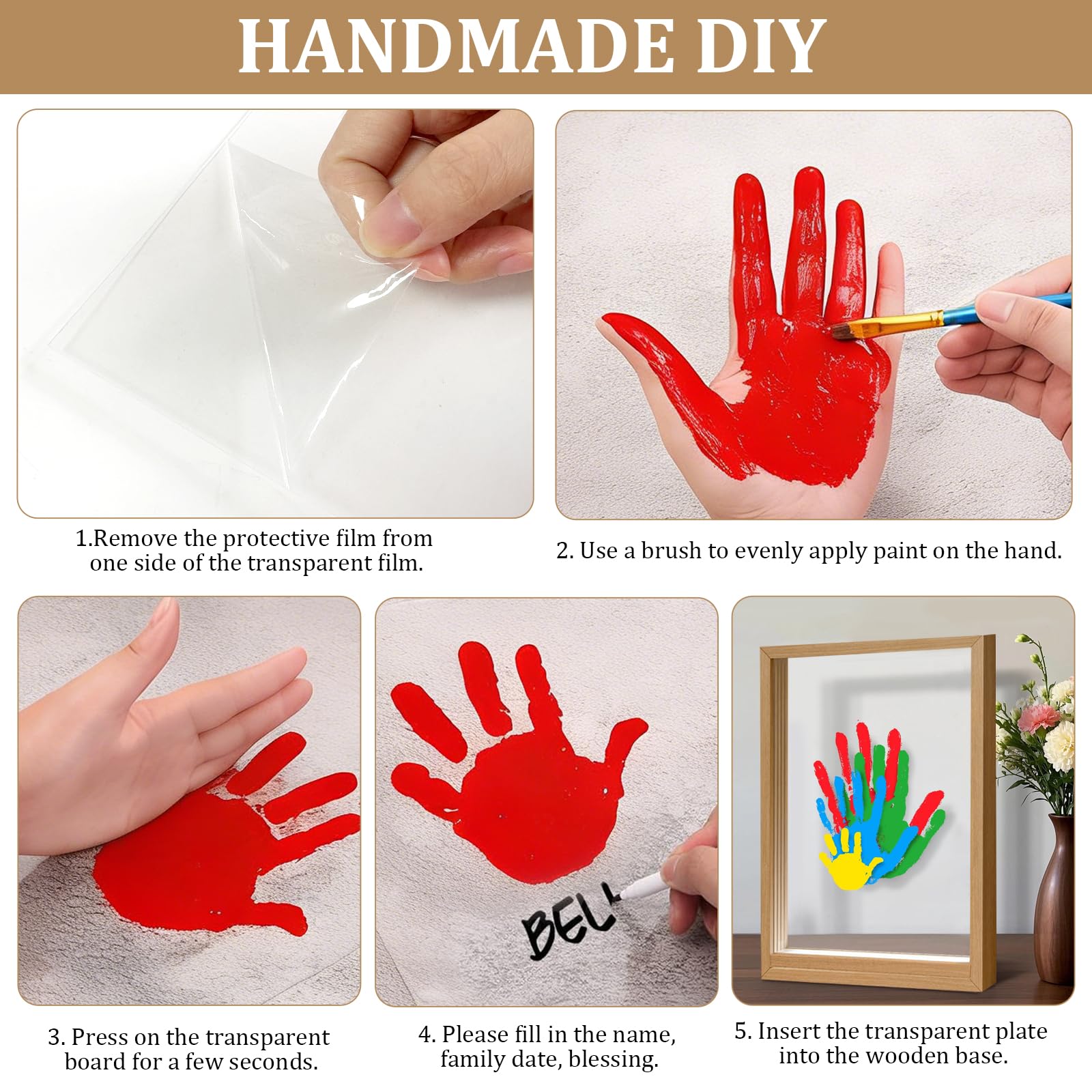 Kit Impronta Mano Famiglia con Lucietta LED, Spazio per 4 Persone, Kit Impronta Mano e Piede Bebè, Impronta Neonato, Cornice in Legno da Creare per Regalo