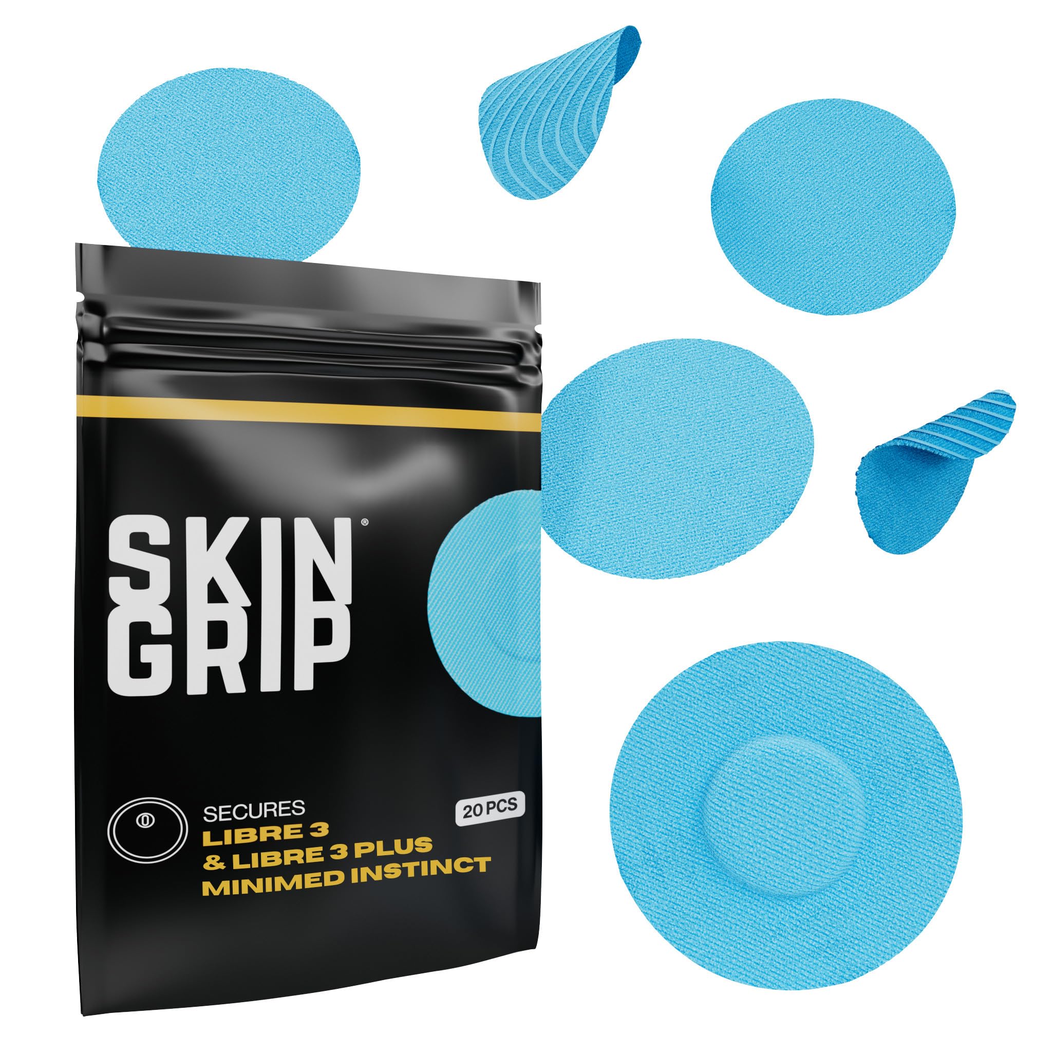 Skin Grip Freestyle Libre 3 Sensor Covers-Waterproof & Sweatproof Adhesive Patches for 10-15 Days (Not for Libre2), Pre-Cut CGM Diabetic Sensors Cover, Compatible with Instinct Sensors- 20 Pack, Blue