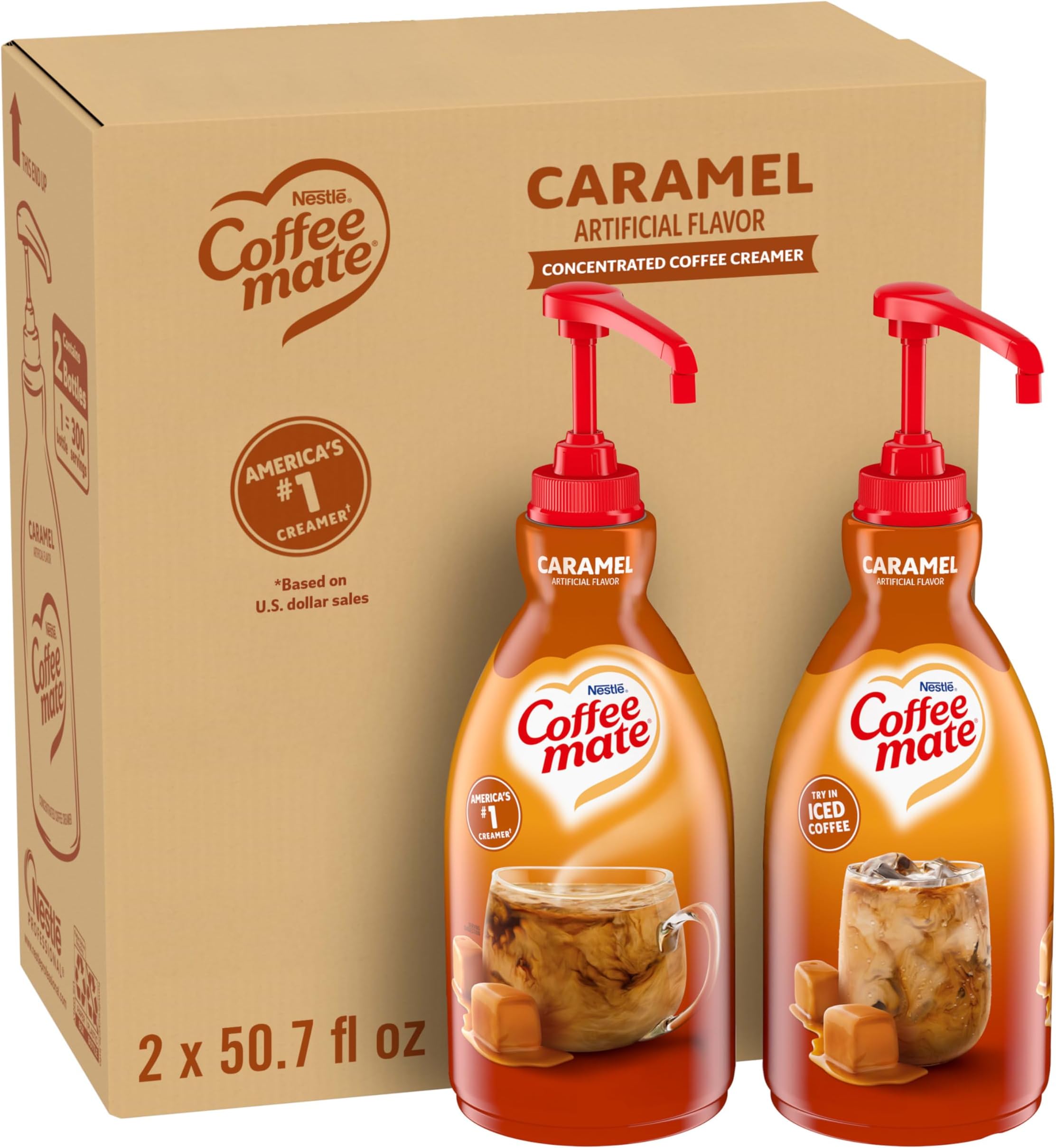 Nestle Coffee mate Coffee Creamer, Caramel, Liquid Concentrate Pump Bottle, Non Dairy, No Refrigeration, 50.7 fl oz (Pack of 2)