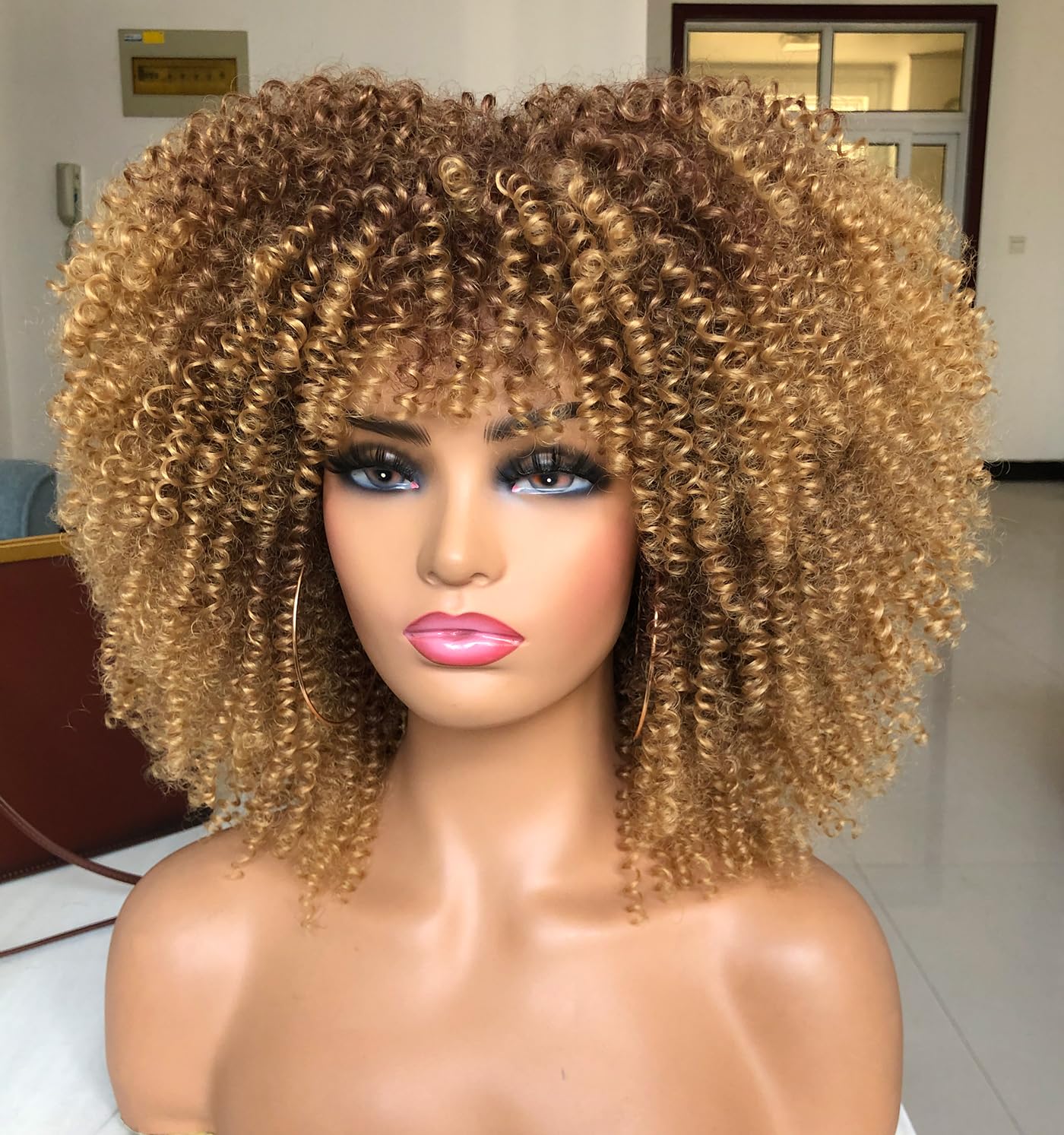 ISAMY 14inch Afro Bomb Curly Wigs for Black Women Short Afro Kinky Curly Wig with Bangs Full Curly Wig (Ombre Blonde) - Image 4