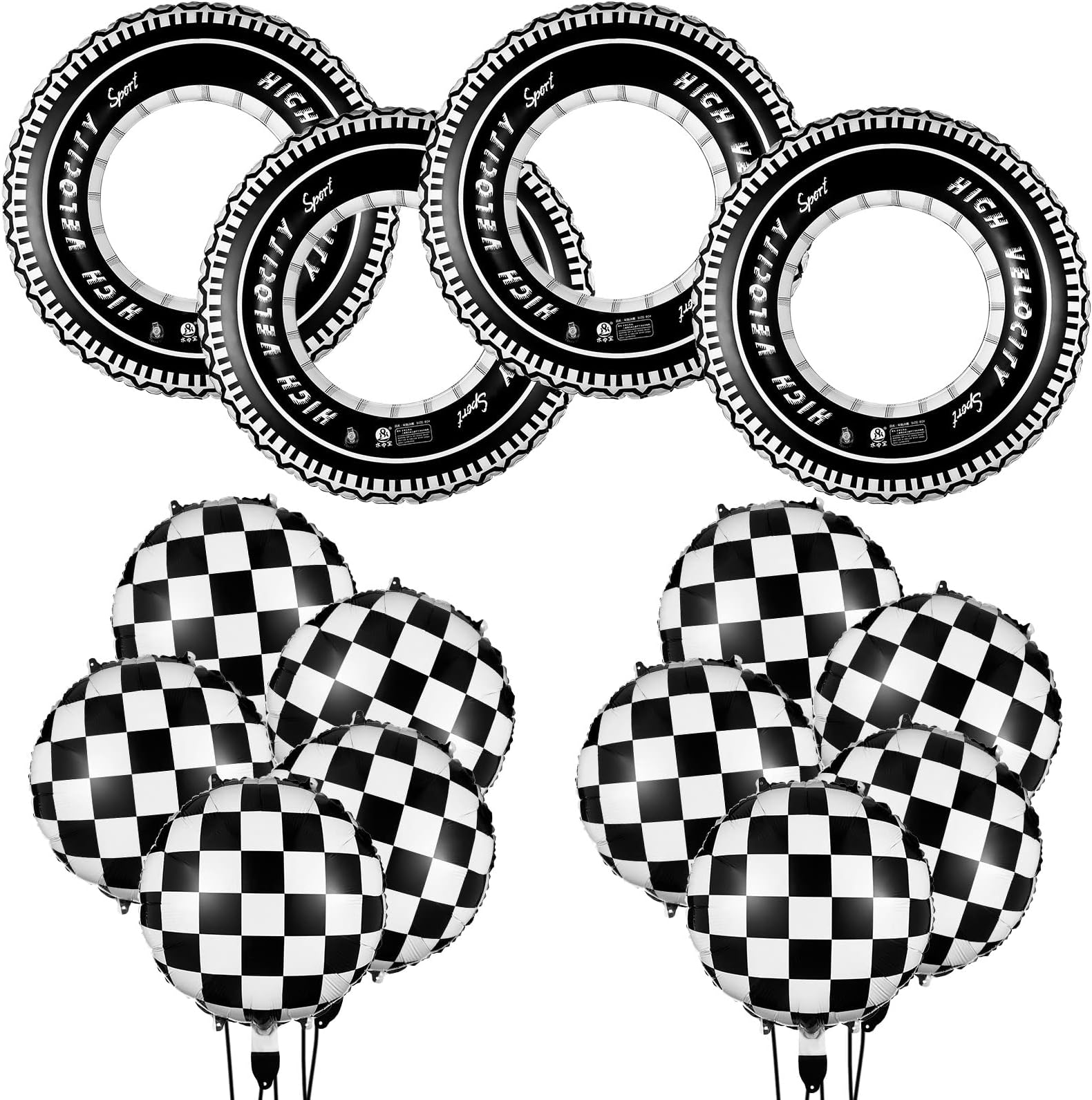 14 Pcs Car Decorations Racing Cars Birthday Party Supplies 4 Tire Tube Swim Ring Inflatable Tire Floats for Pool with 10 Balloons 18 Inch Race Balloons for Birthday Party(Plaid Style)