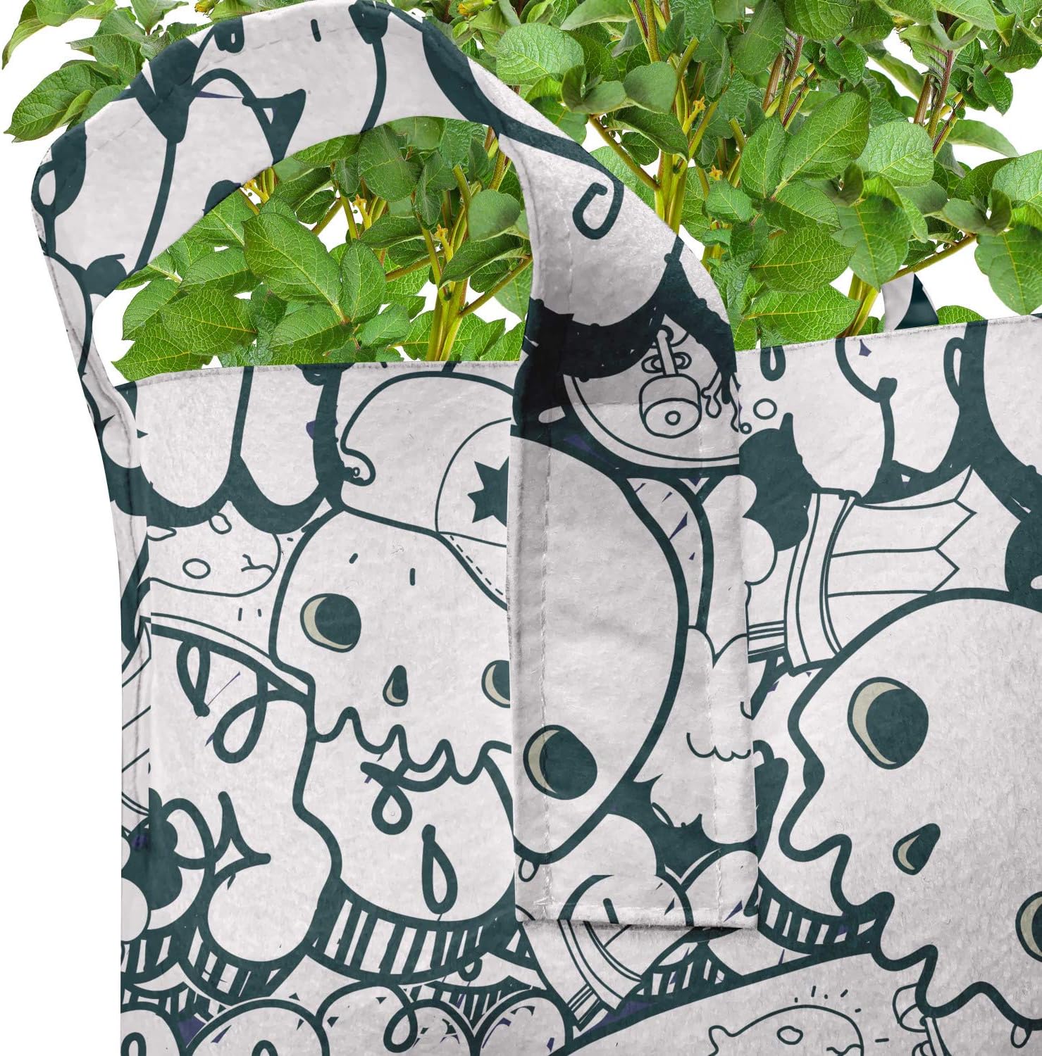 Ambesonne Modern Grow Bags 5-Pack, Skulls and Graffiti Doodle, Heavyduty Fabric Pots with Handles for Plants, Charcoal Grey White