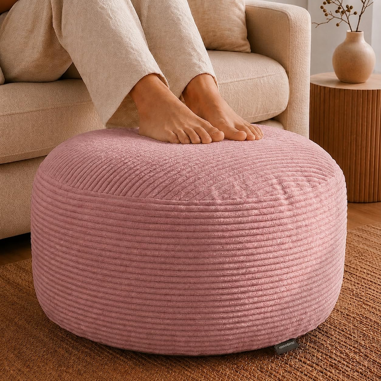 Stuffed Pouf Ottoman,Corduroy Foot Rest,Dusty Rose,28 Inch