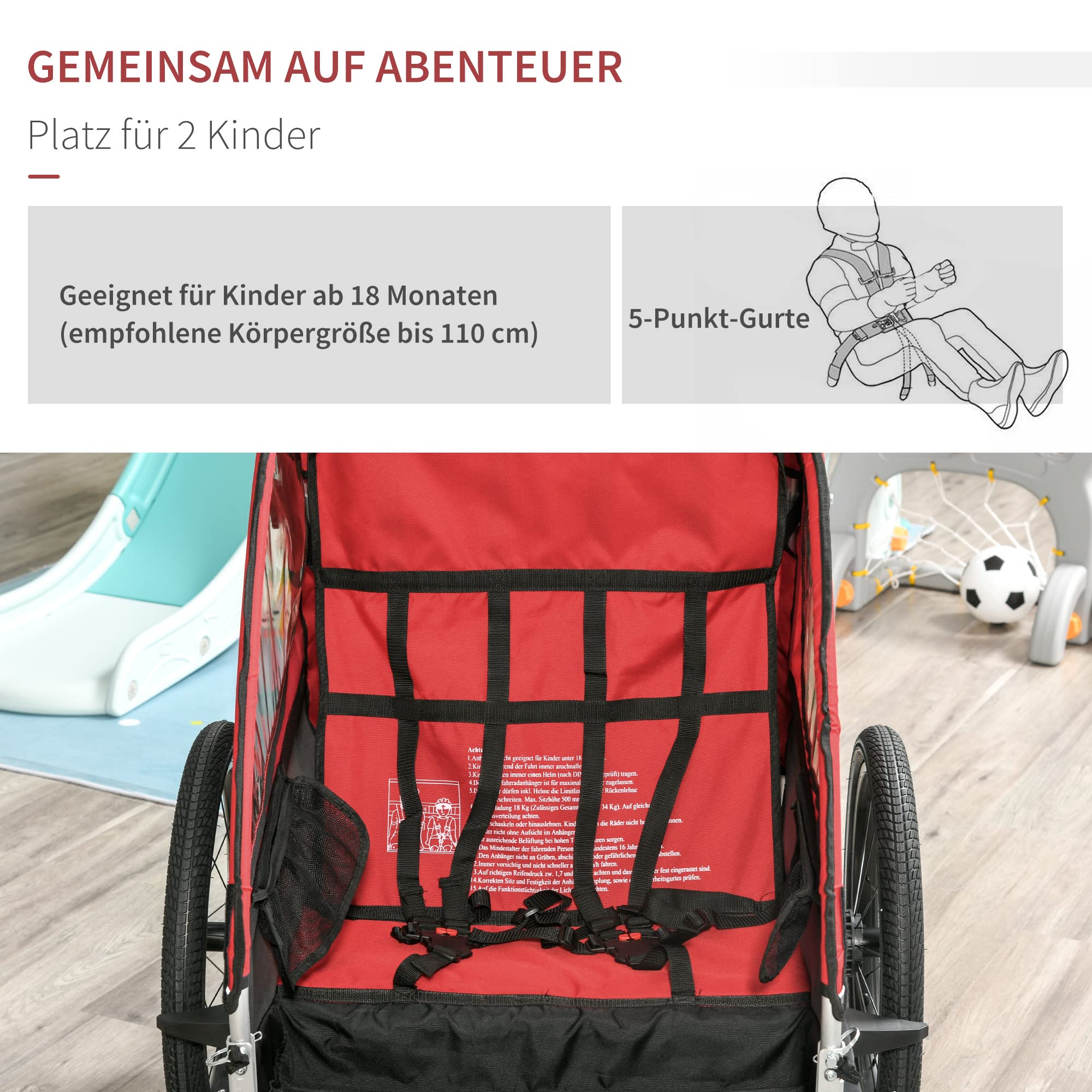 HOMCOM 3 in 1 Kinderanhänger Aluminium Kinder Jogger Fahrradanhänger Radanhänger für 2 Kinder mit Schwingungsdämpfungssystem Aufbewahrungstasche Verstellbarer Lenker