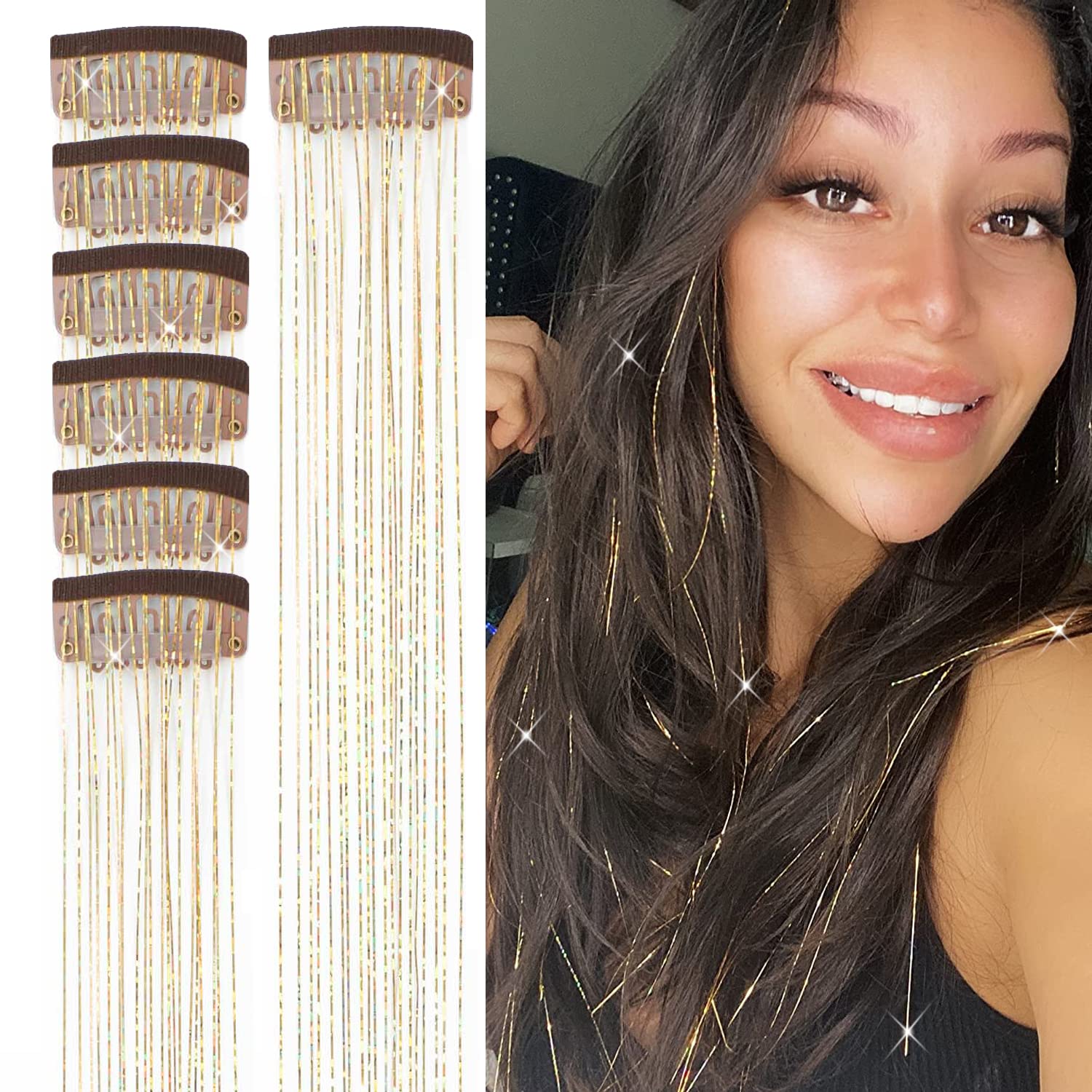 Clip in Hair Tinsel Kit 23.6Inch Gold Hair Tinsel Heat Resistant Fairy Hair Tinsel Clip in Glitter Hair Extensions, Tinsel Hair Sparkle Festival Hair Accessories for Women Girls (Gold)
