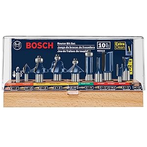 BOSCH RBS010 10-Piece 1/2 in. and 1/4 in. Shank Carbide-Tipped All-Purpose Professional Router Bits Assorted Set with Case for Applications in Straight, Trimming, Decorative Edging, Dovetail Joinery