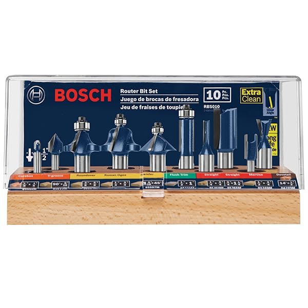 BOSCH RBS010 10-Piece 1/2 in. and 1/4 in. Shank Carbide-Tipped All-Purpose Professional Router Bits Assorted Set with Case for Applications in Straight, Trimming, Decorative Edging, Dovetail Joinery