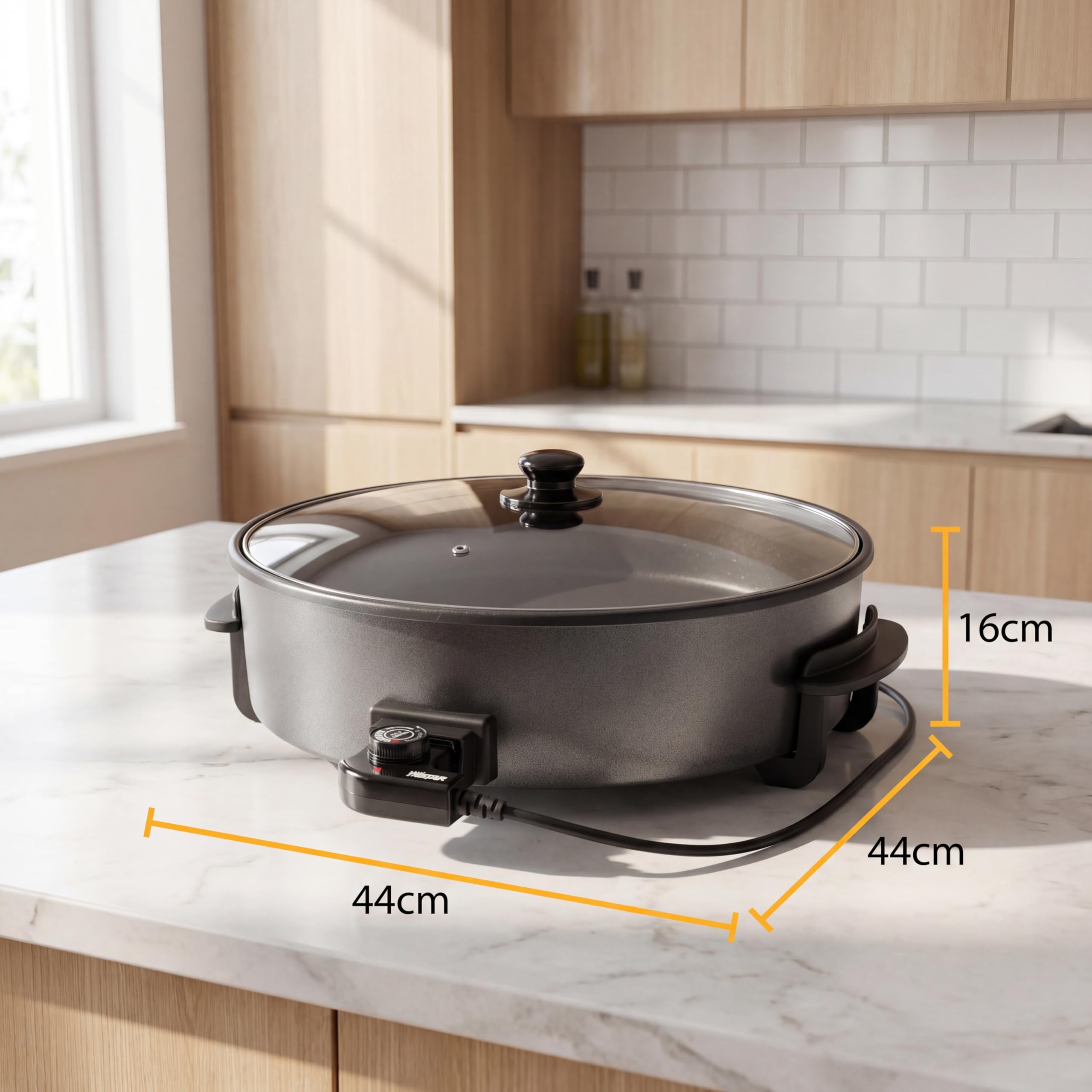 Tristar Poêle Électrique XXL, 40 cm de Diamètre, 7,5 L, Couvercle Amovible avec Évent Vapeur, Revêtement Antiadhésif, Thermostat Réglable, Poignées Froides, PZ-9146