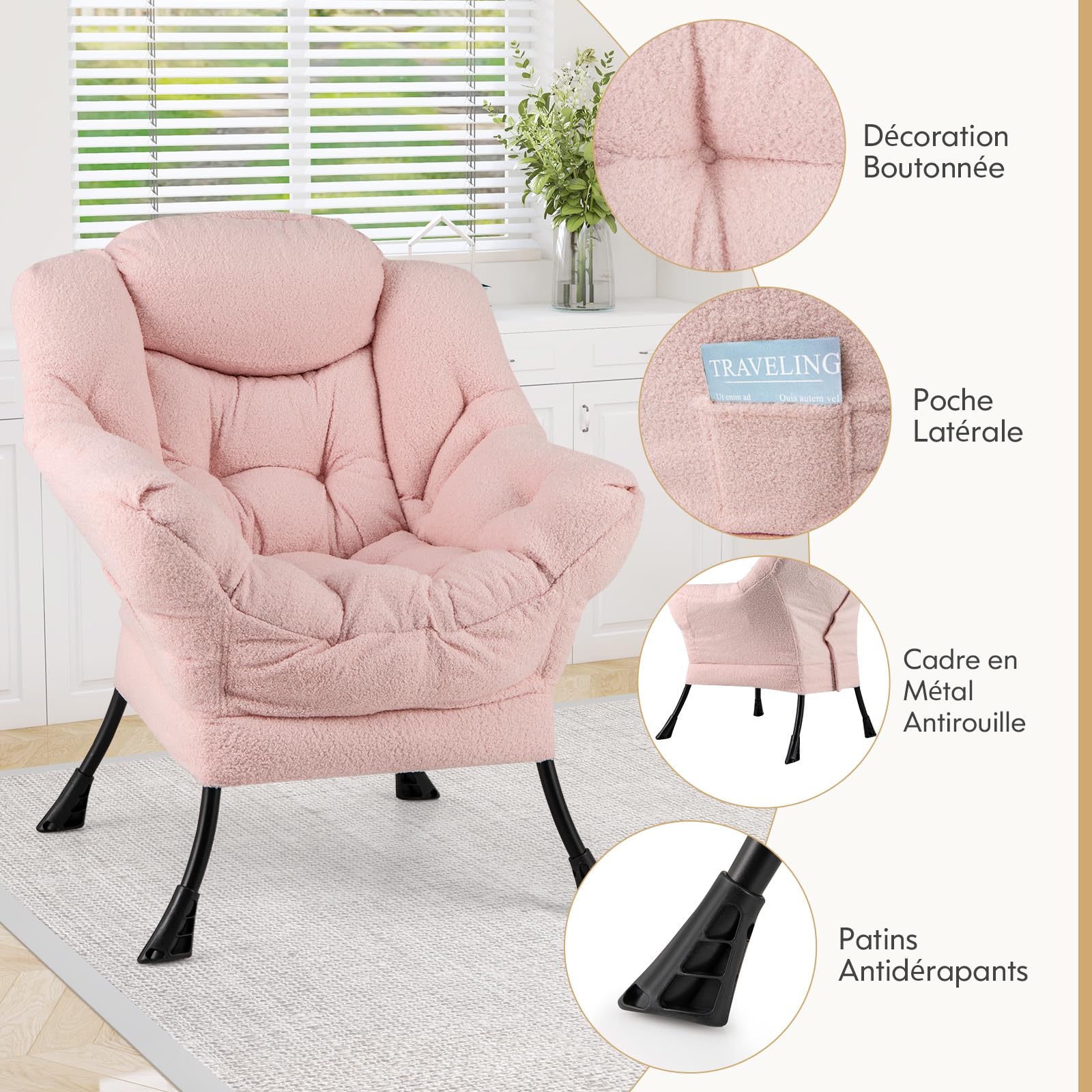 COSTWAY Fauteuil Salon Scandinave en Sherpa avec Oreiller et Poche Latérale, Relax pour Lecture, Cadre en Métal pour Charger 150 KG (Rose)