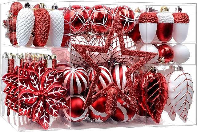 SHareconn 106pcs Christmas Balls Ornaments Set, Shatterproof Plastic Decorative Baubles for Xmas Tree Decor Holiday Wedding Party Decoration with Hooks Included, Red & White