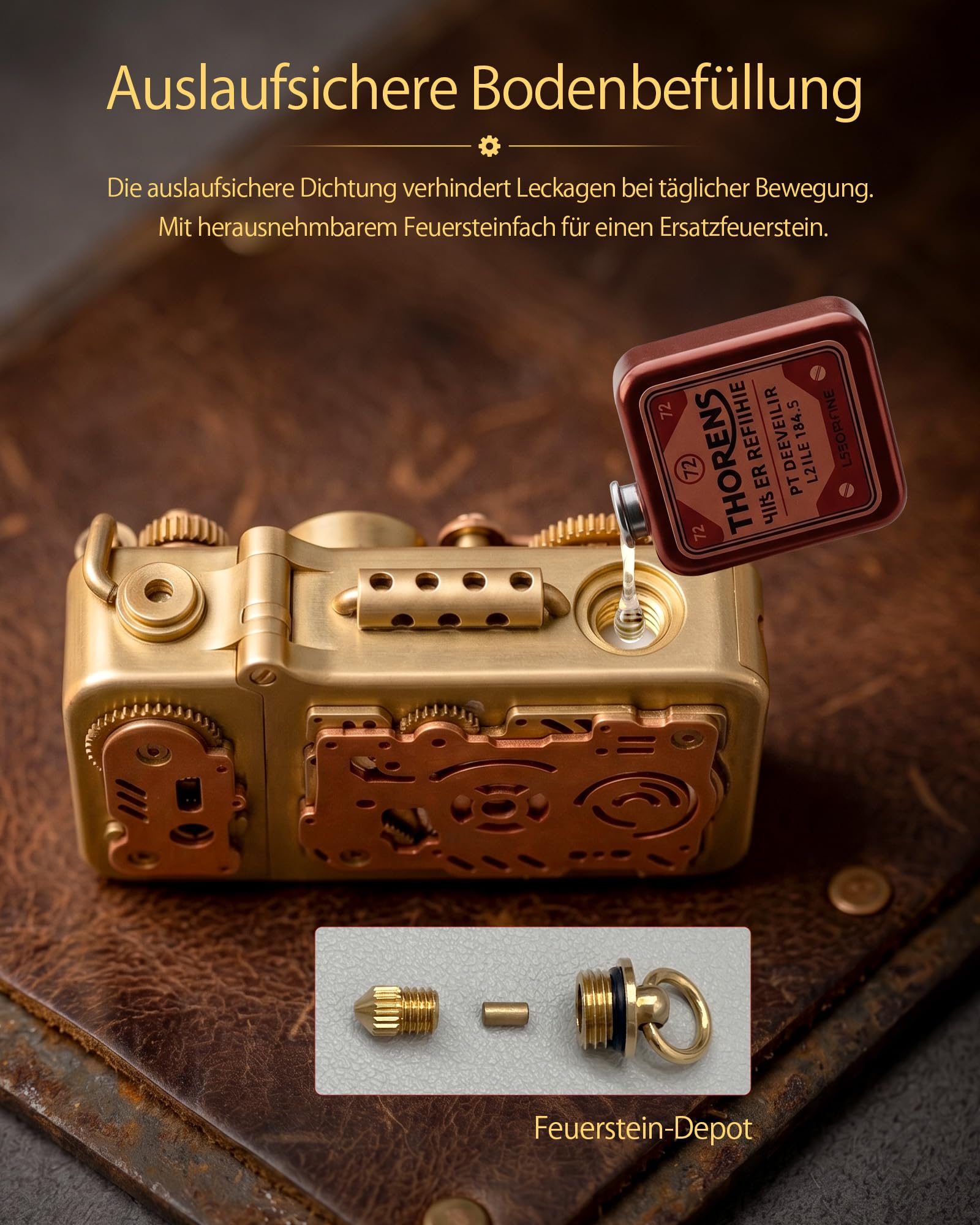 Einzigartiges Retro Soft-Flame Kupfer Mechanisches Kerosin Feuerzeug Automatische Zündung Nachfüllbar Steampunk Schaltgestänge Sicherheitsschloss Luxus Komplex Sammlerstück Geschenk für Freund Thorens | Einzigartige automatische Zündung, nachfüllbares Ste