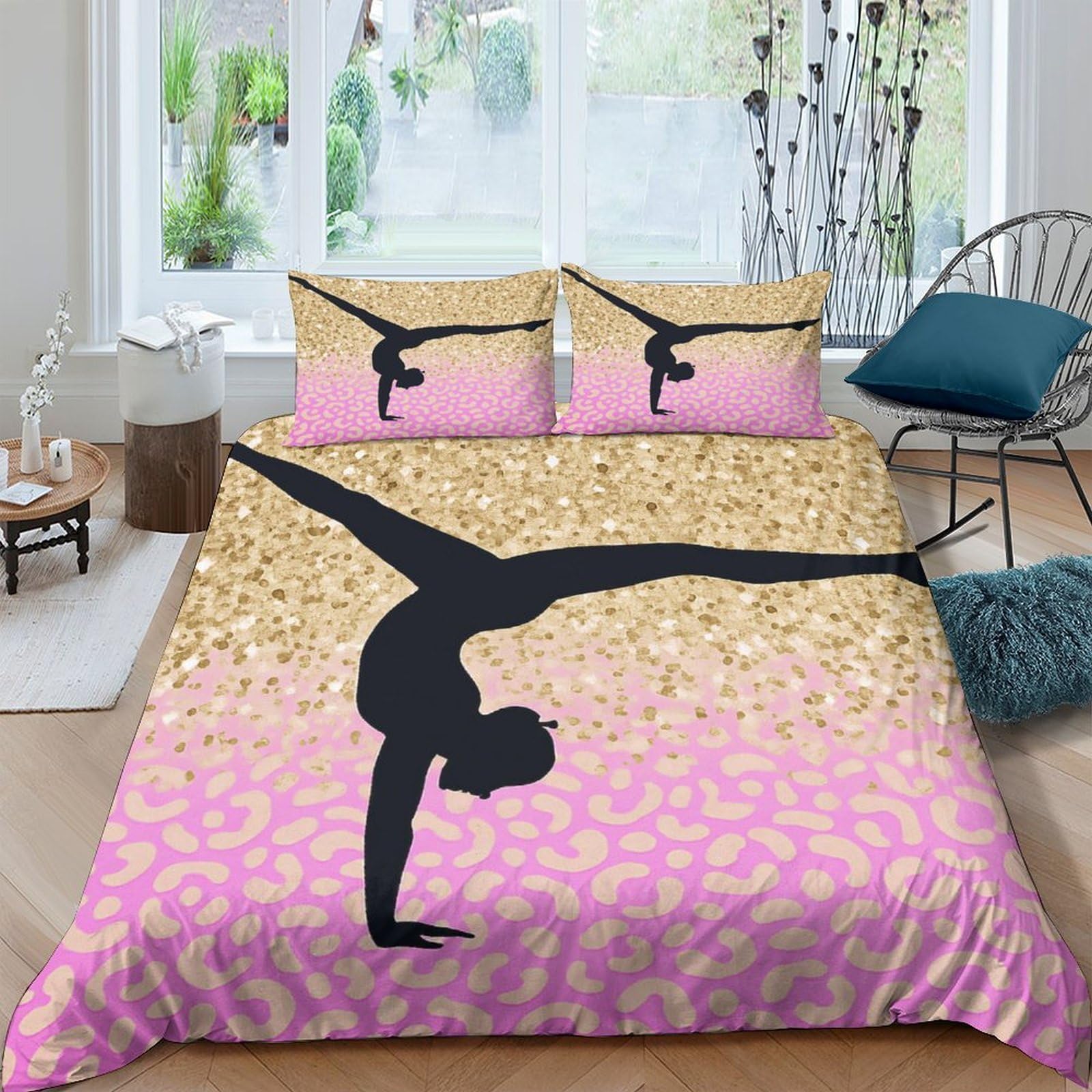 Ctjqhvkz Style-9 3D Printed Gymnast Silhouette Fitted Sheet Microfiber Pink Gold Gradient Mattress Cover For Bedroom Dorm Decorative Bedding Single（135X200cm）