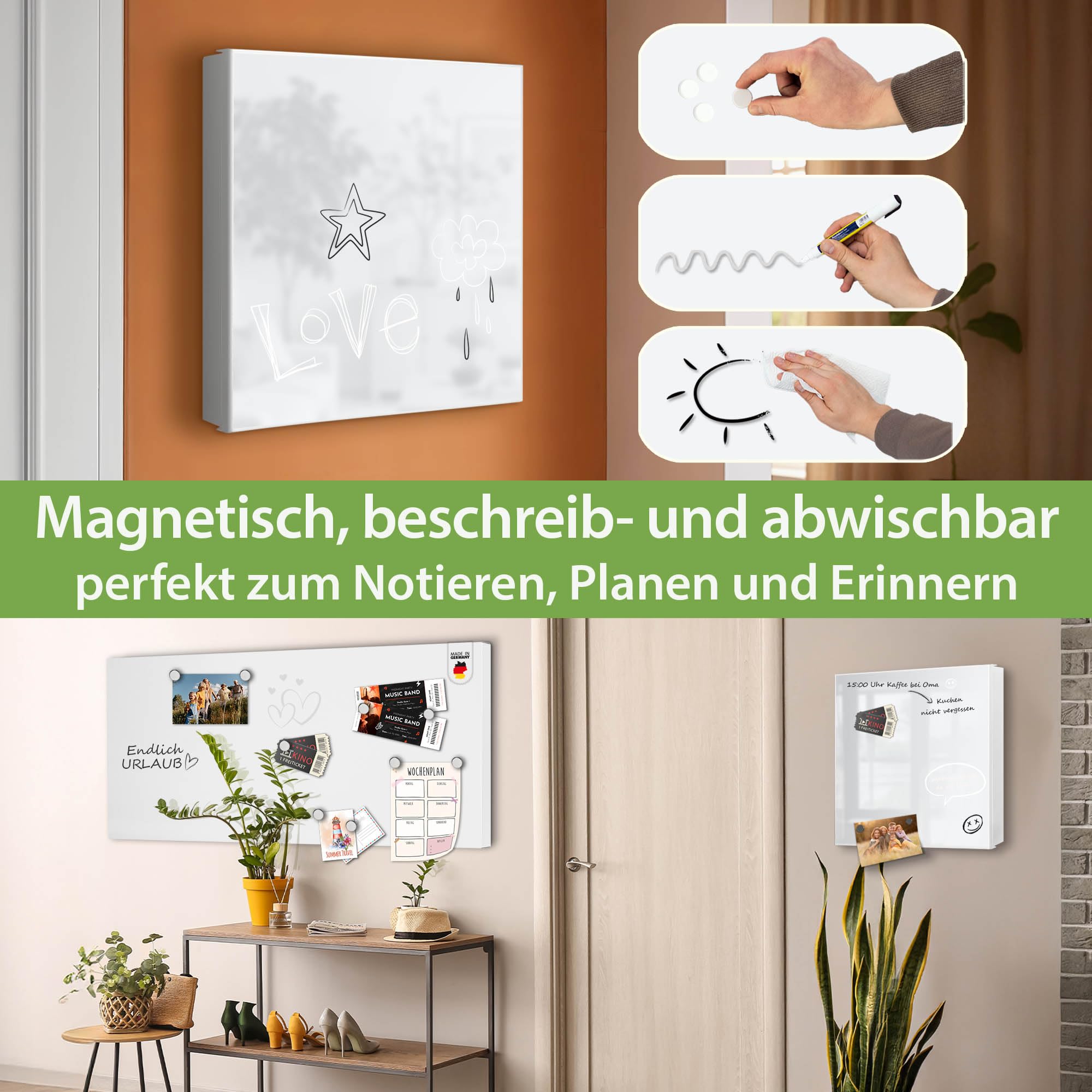 banjado Großer Schlüsselkasten Metall - Schlüsselbox 30x30cm beschreibbarer mit 32 Haken - Schlüsselkasten modern für Schlüsselaufbewahrung - Korpus Weiß Scharnier Links - Farbe weiß