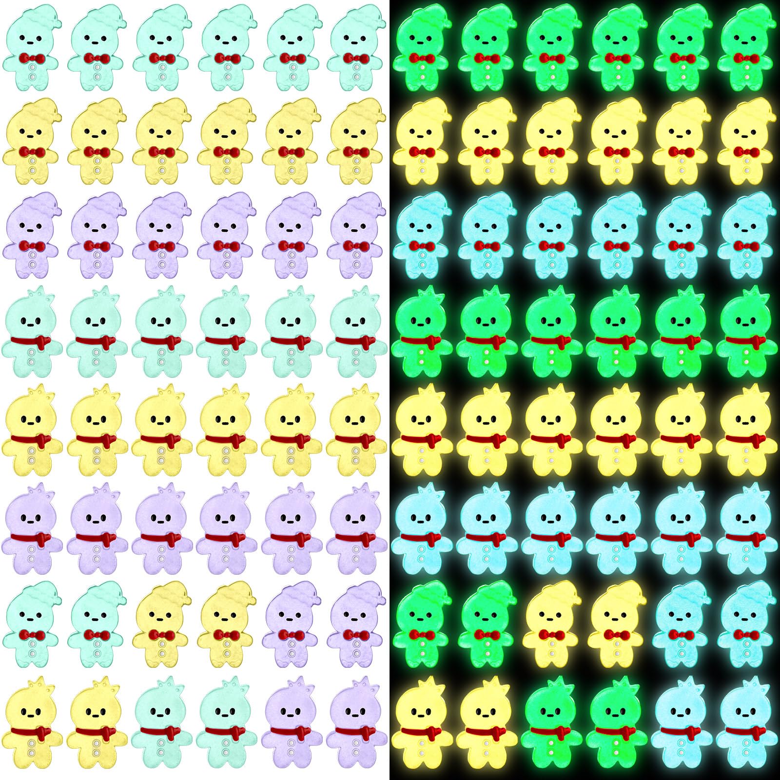 Shappy 96 Pcs Luminous Christmas Glow in Dark Mini Resin Christmas Snowman Gingerbread Man Miniature Figurines Small Glow Mini Decoration Luminous