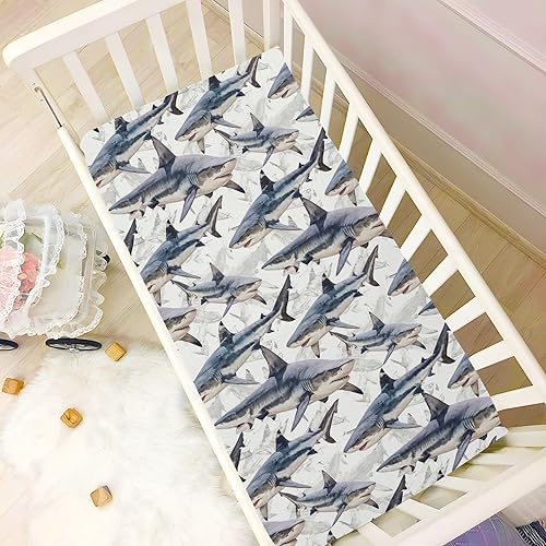 Miniatura 6 de Sábana bajera ajustable para cuna para niños y niñas, sábana de punto vintage de tiburones para colchones estándar de cuna y cama de niños pequeños,