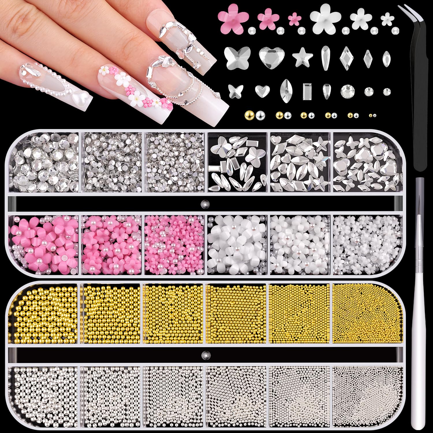 2 Boxes Metal Nail Beads (Silver+Gold) and 3D Flowers and Glass Rhinestones (Clear) for Art, Half Flatback Beads (White) Crystals, Nail Pendants and Round Caviar Beads for-image-6