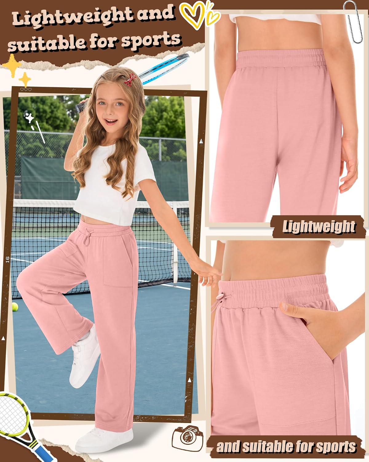 Girls' Sweatpants Wide Leg Casual Kids Drawstring Pants Baggy Athletic Loose Solid Teen Jogger Pants with Pockets