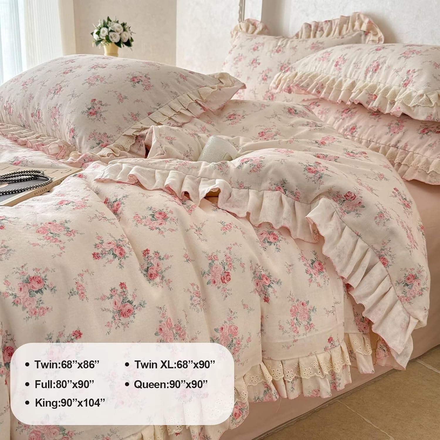 Boho Floral Duvet Cover Set Queen Size 3 Pcs,Pink Flower 100% Cotton Muslin Gauze Bedding Set with Lace Ruffles,Breathable Lightweight Comforter Covers with 2 Pillowcases 90"×90"