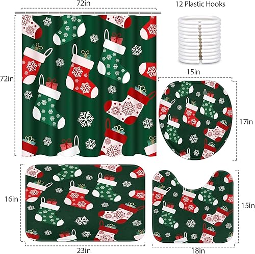 Miniatura 3 de ArtSocket Juego de cortina de ducha de Papá Noel azul con alfombras, juego de baño con alfombra antideslizante, cubierta para tapa de inodoro,