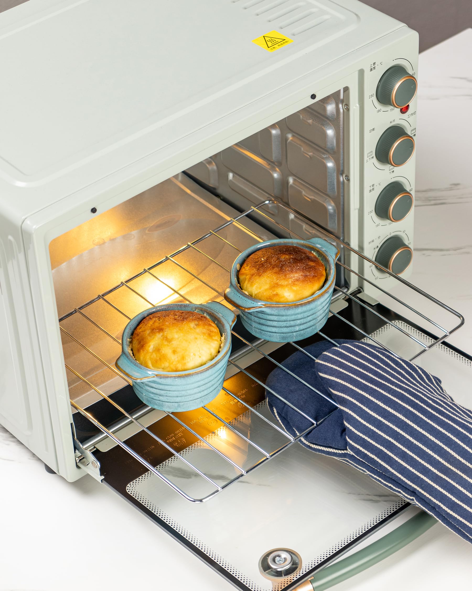 Mini Cocotte Porzellan, Keramik Auflaufform mit Deckel Ofenfest 4 Stück - 230 ml, Creme Brulee Schälchen Suppentassen mit Griffen für Soufflé, Muffins, Cupcakes - Blau