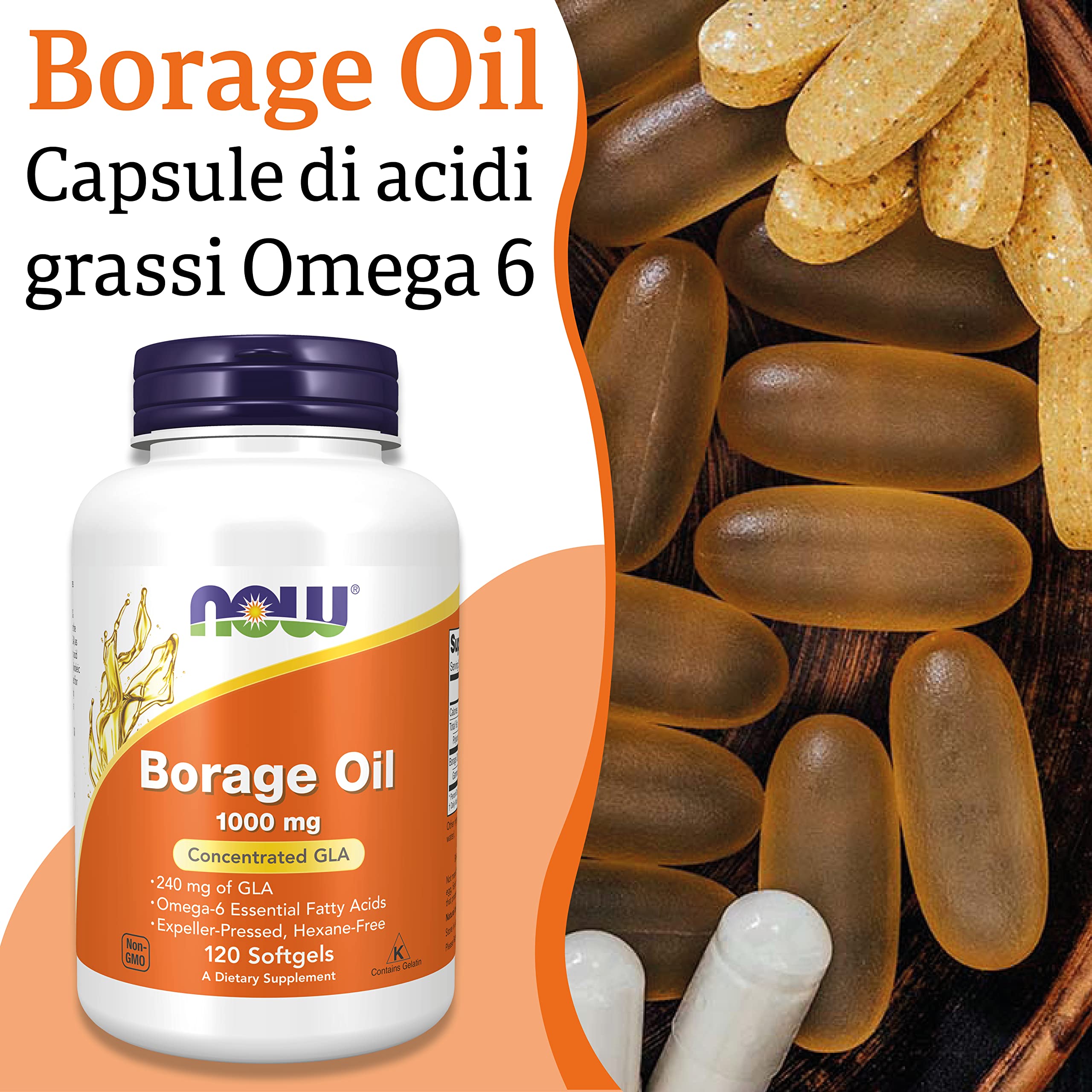 Now Foods Borage Oil (Olio di borragine), 1000mg, 120 Softgels, Testato in Laboratorio, Senza Soia, Senza Glutine, Non-GMO