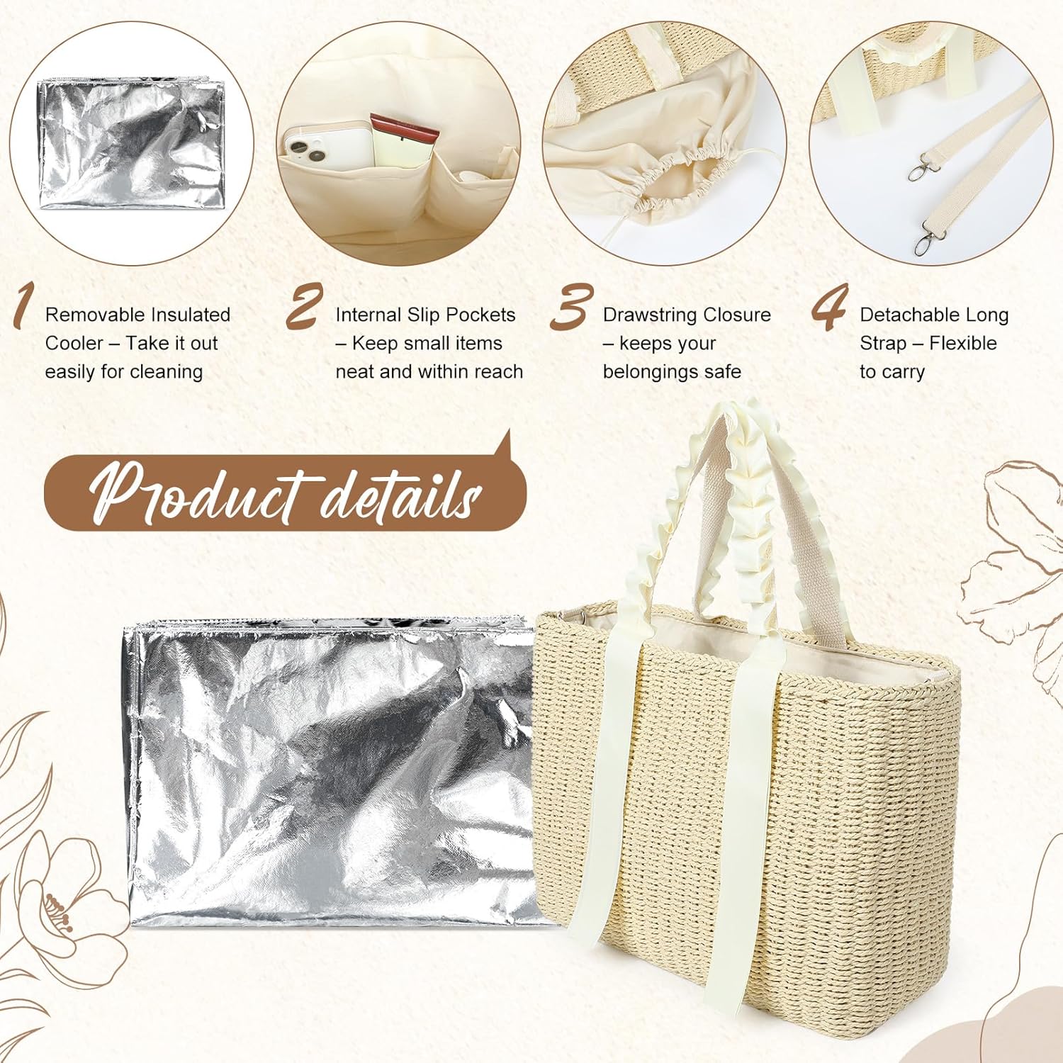 14L Large Insulated Beach Cooler Bag with Removable Liner, Natural Corn Husk Straw Travel Tote for Women, Picnic Lunch Bag, Bride Wedding Gift - Image 3