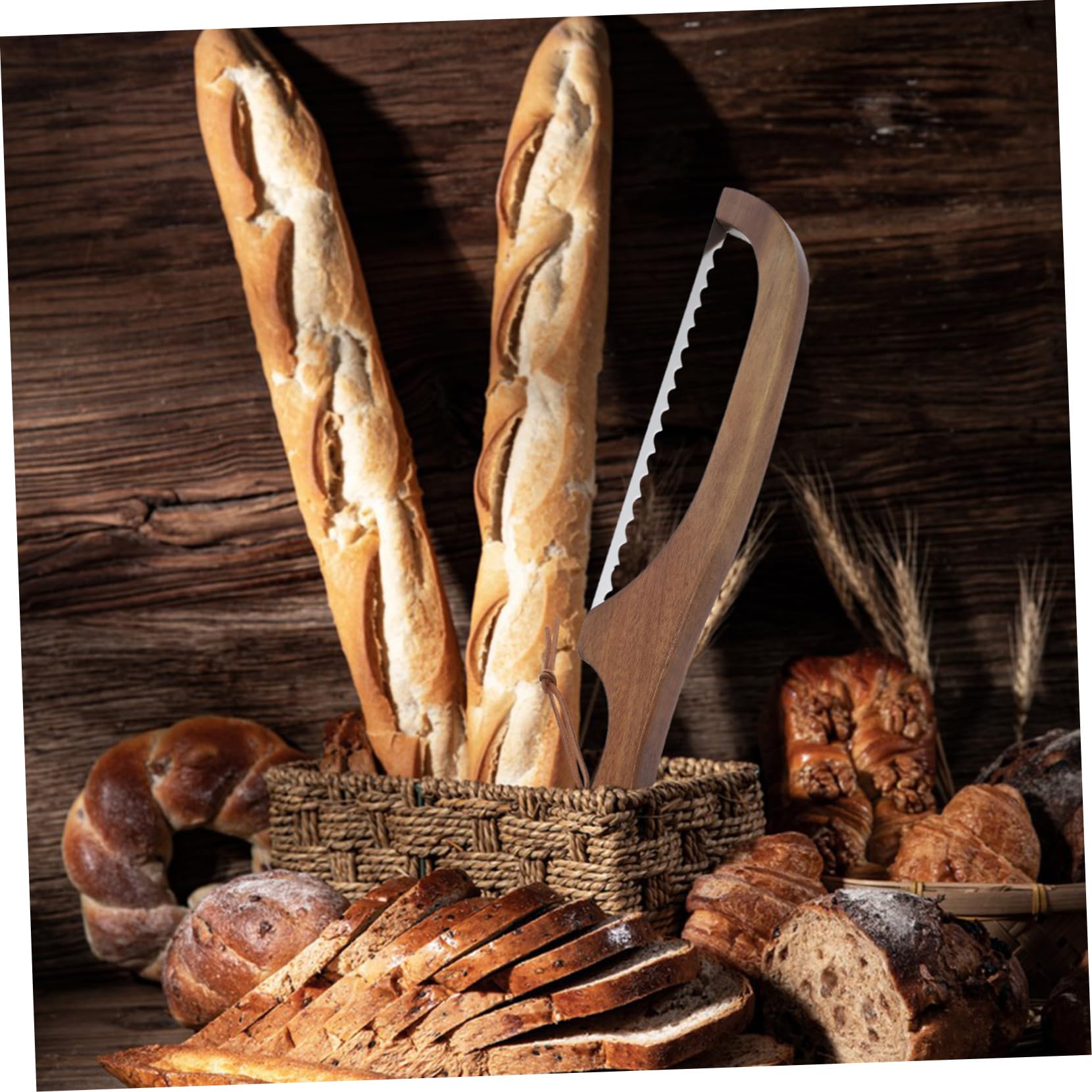 CONGARTENO Bread Bow Cutter Wooden Handle Bread Knife Serrated Cake Server Cake Cutting Tools Easy to Clean