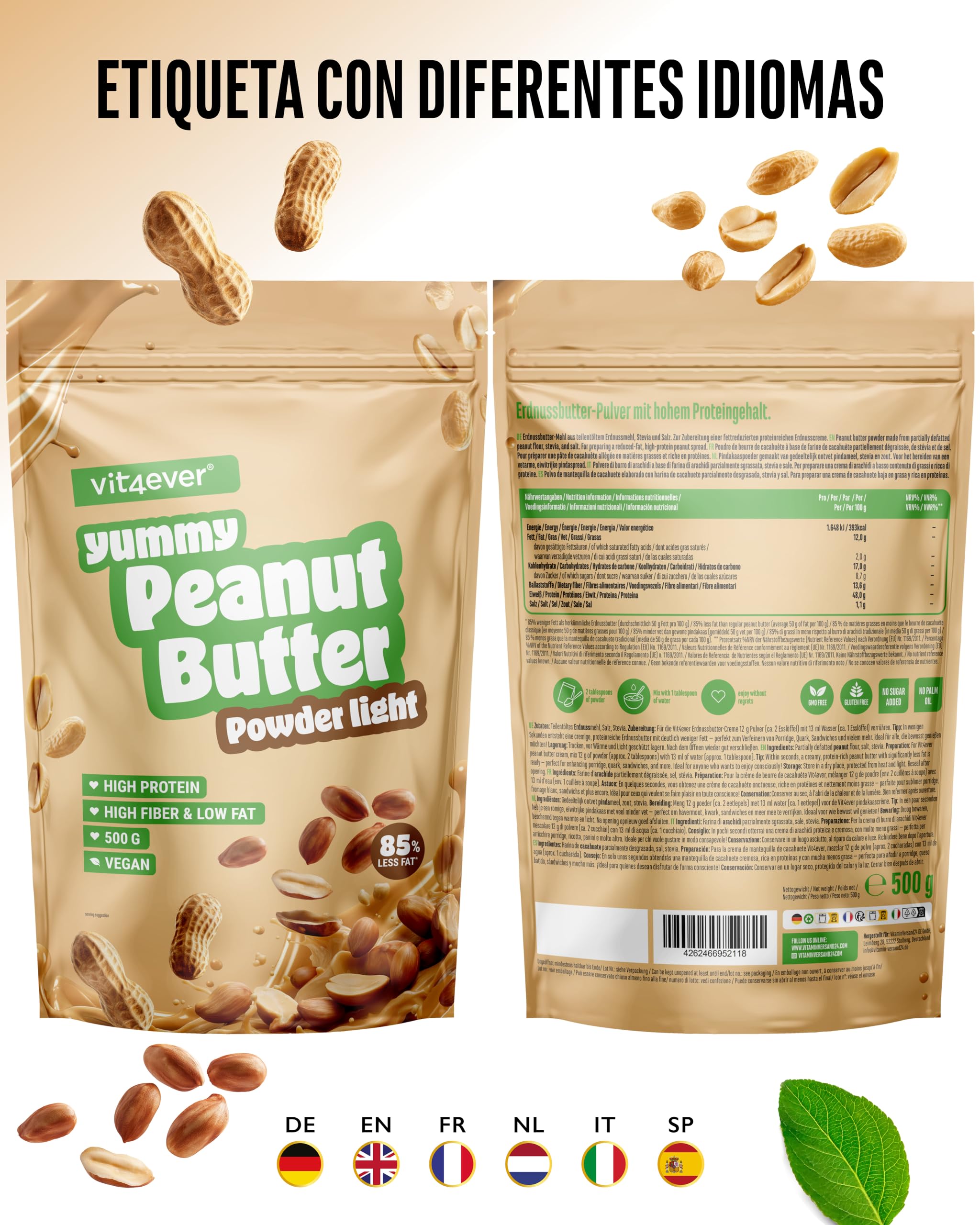 Mantequilla de cacahuete light en polvo 500 g - Powdered Peanut Butter 85% menos de grasa, sin azúcar - Crema de mantequilla de cacahuete con un delicioso sabor - Vit4ever