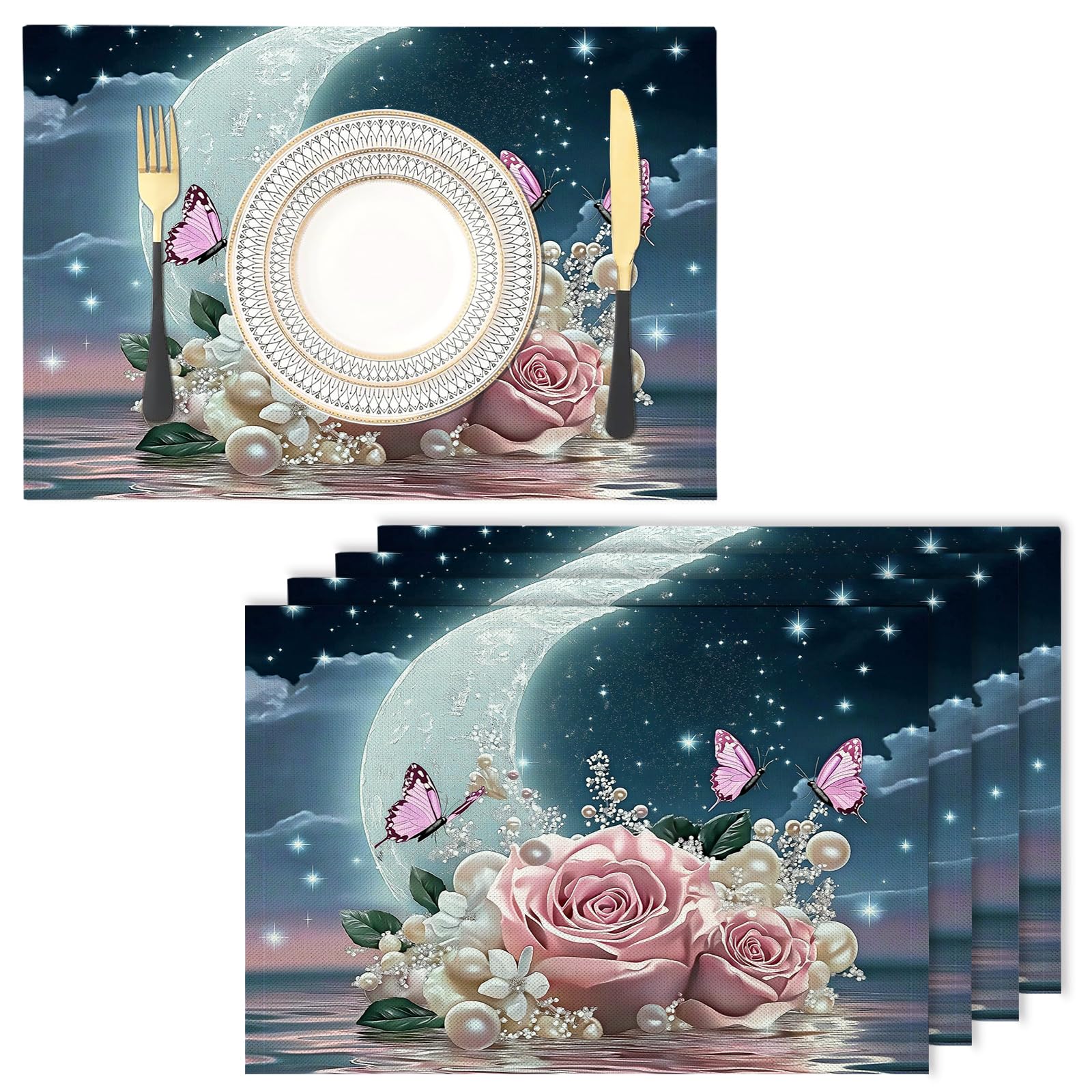 Placemats Washable Set of 4-30 x 45 cm moon Placemats, Rose Cotton Linen Hemstitch Place Mats for Table, Kitchen, Dining
