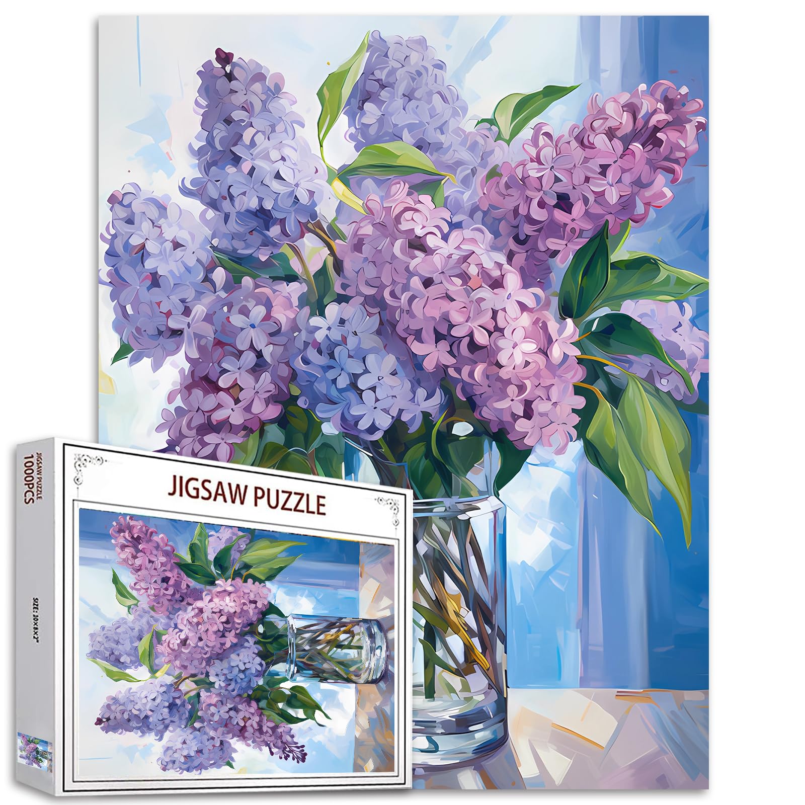 1000 Piece Jigsaw Puzzles for Adults, Purple Lilac in a Glass Vase Jigsaw Puzzles,Blue Flowers with Green Leaves Puzzle,Challenging Family Activity Perfect for Game Nights,Floral Puzzle Wall Art Decor — image 1