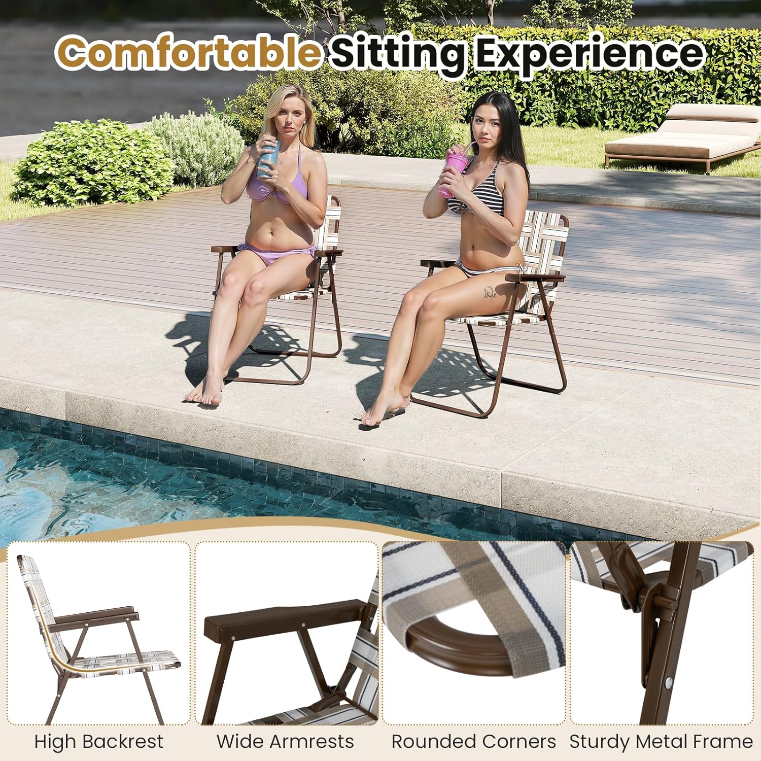 GYMAX Lawn Chair Folding, Webbed Beach Lounge Chairs Set with Highback, Outdoor Portable Lightweight Camping Dinning Chair for Patio, Lawn, Poolside, Sports, Garden, Backyard (2,Coffee)