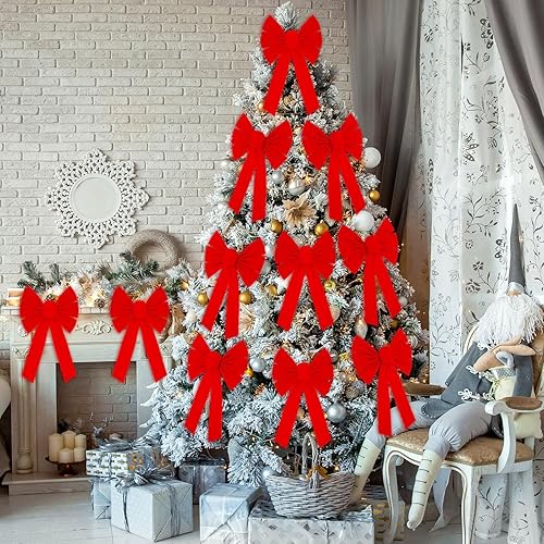 Miniatura 5 de Hoteam 24 lazos grandes de terciopelo rojo de Navidad, lazo para colgar en el árbol de Navidad, para decoración de interiores y exteriores,