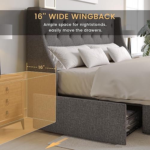 Miniatura 13 de SHA CERLIN Marco de cama tapizado de tamaño matrimonial con 4 cajones de almacenamiento y cabecera con respaldo de ala, diseño capitonado de botón