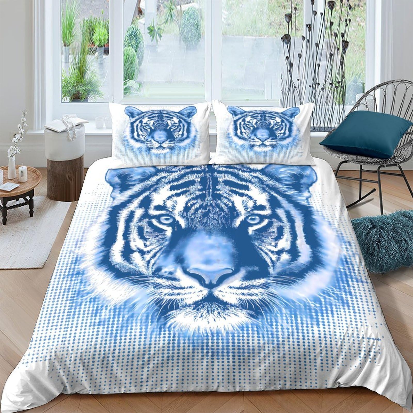 GPLZQXKJNH 3D Printed Blue Tiger Duvet Cover Microfiber Soft Breathable Wild Animal Bedding Set with 2 Pillowcases for Bedroom Decor Single（135x200cm）