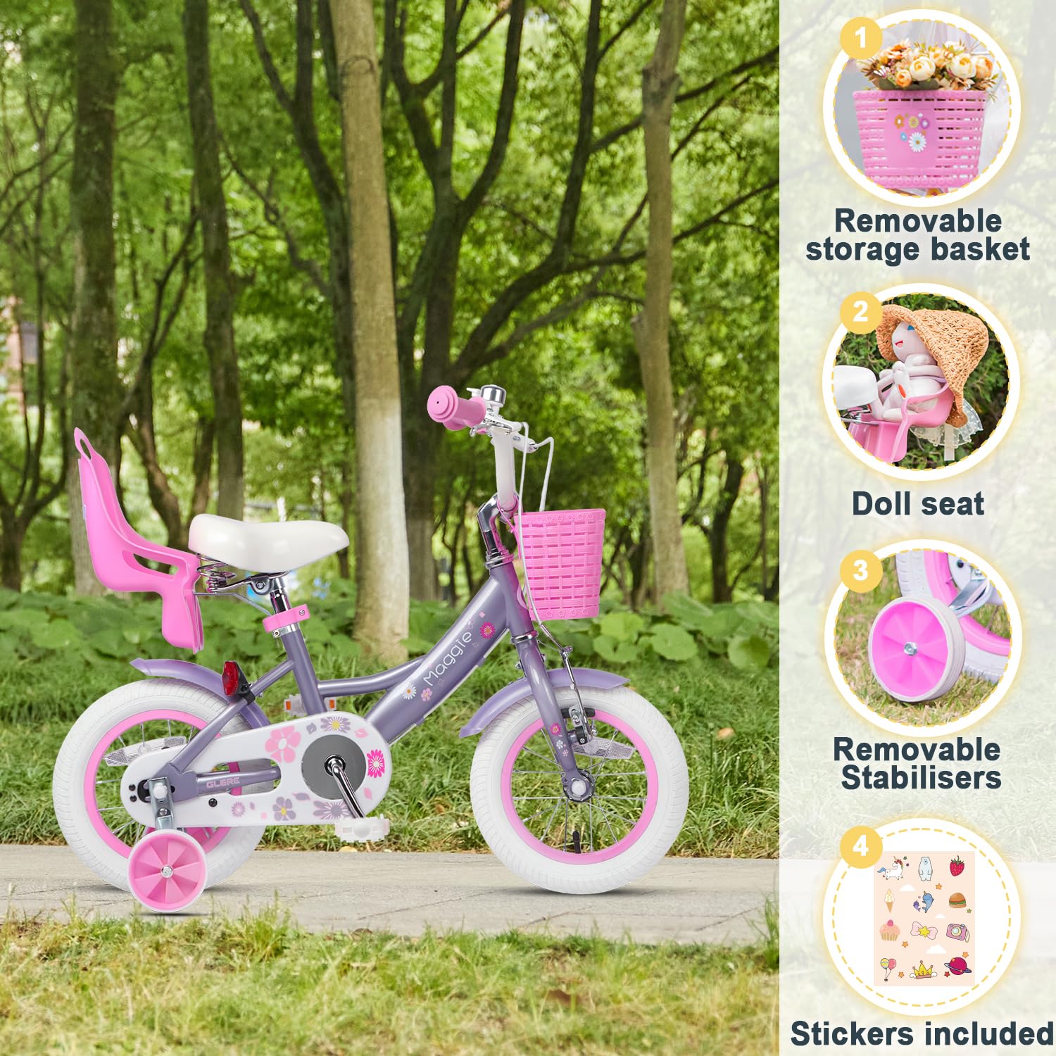 Glerc Maggie 12 14 16 20 Pouces vélo pour Enfants pour Les Filles de 2 à 13 Ans, vélo de Style Princesse pour Tout - Petits avec siège de poupée, Panier, stabilisateur et Support, Plusieurs Couleurs
