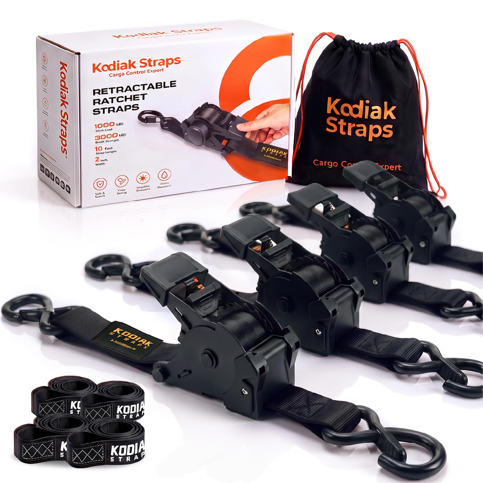Retractable Ratchet Straps 2" x 10ft, 3,000lb Break Strength, Heavy Duty Easy Release Tie Down for Trucks, Trailers, Motorcycles, ATVs, Secure Cargo KODIAK STRAPS (Black, 4Pack)