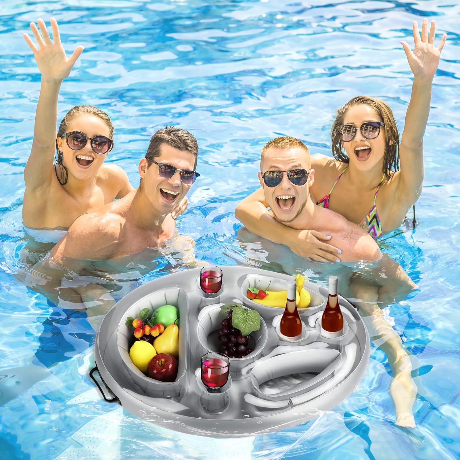 Posavasos Flotante Bebidas Bocadillos Piscina 2 en 1,Portavasos Servidor Buffet Inflable 8 Agujeros,Soporte Bandeja Hinchable Gran Capacidad,Titular SPA Piscinapara Verano,Mesa Fiesta Frutas Bar Playa