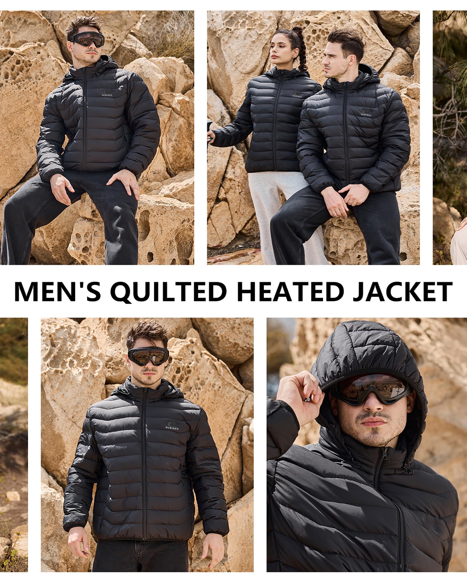 HEWINZE Veste chauffante pour Homme avec Capuche, Doudoune Chaude pour Homme avec Batterie 7,4 V, Veste d'hiver à Double Commande pour randonnée en Plein air Chasse Moto Camping