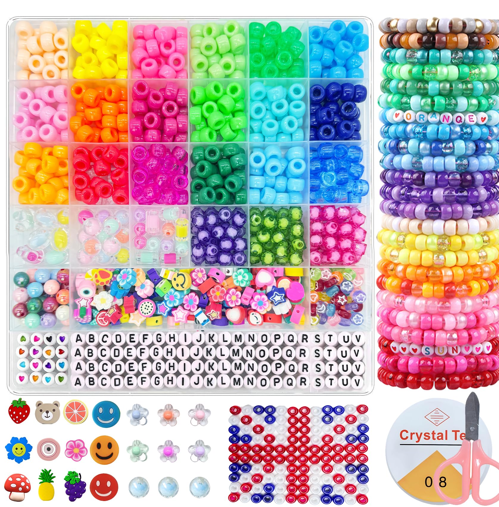 900 Pony Beads, 200 Letter Beads Jewelry, 60 Colorful Clay Bead, Kandi Bracelet Making Kit for Girls, 30 M Elastic Rope, Scissors Tweezers, DIY Crafts Necklace Make Party Gifts Pinkish Blue