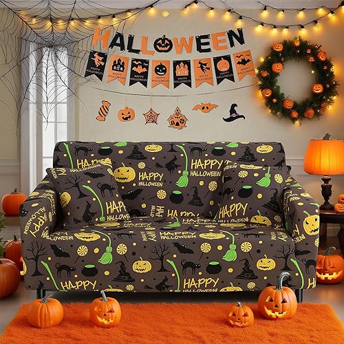 Miniatura 7 de Mybedsoul Funda de sofá con estampado de Halloween, funda elástica de fantasma, lavable a máquina, temática de Halloween, funda negra para sofá para