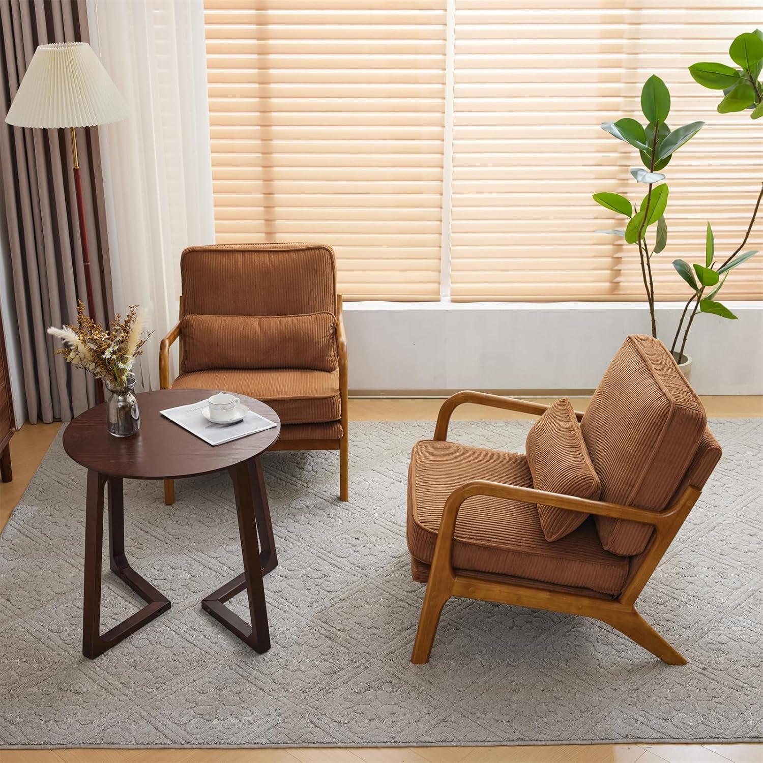 Bonnlo Accent Chair, Soild Wood Padding Lounge Armchairs Set of 2, Occasional Reading Chair with Cushions and Lumbar Pillow, Armchairs for Living Room, Bedroom, Guest Room, Corduroy, Brown