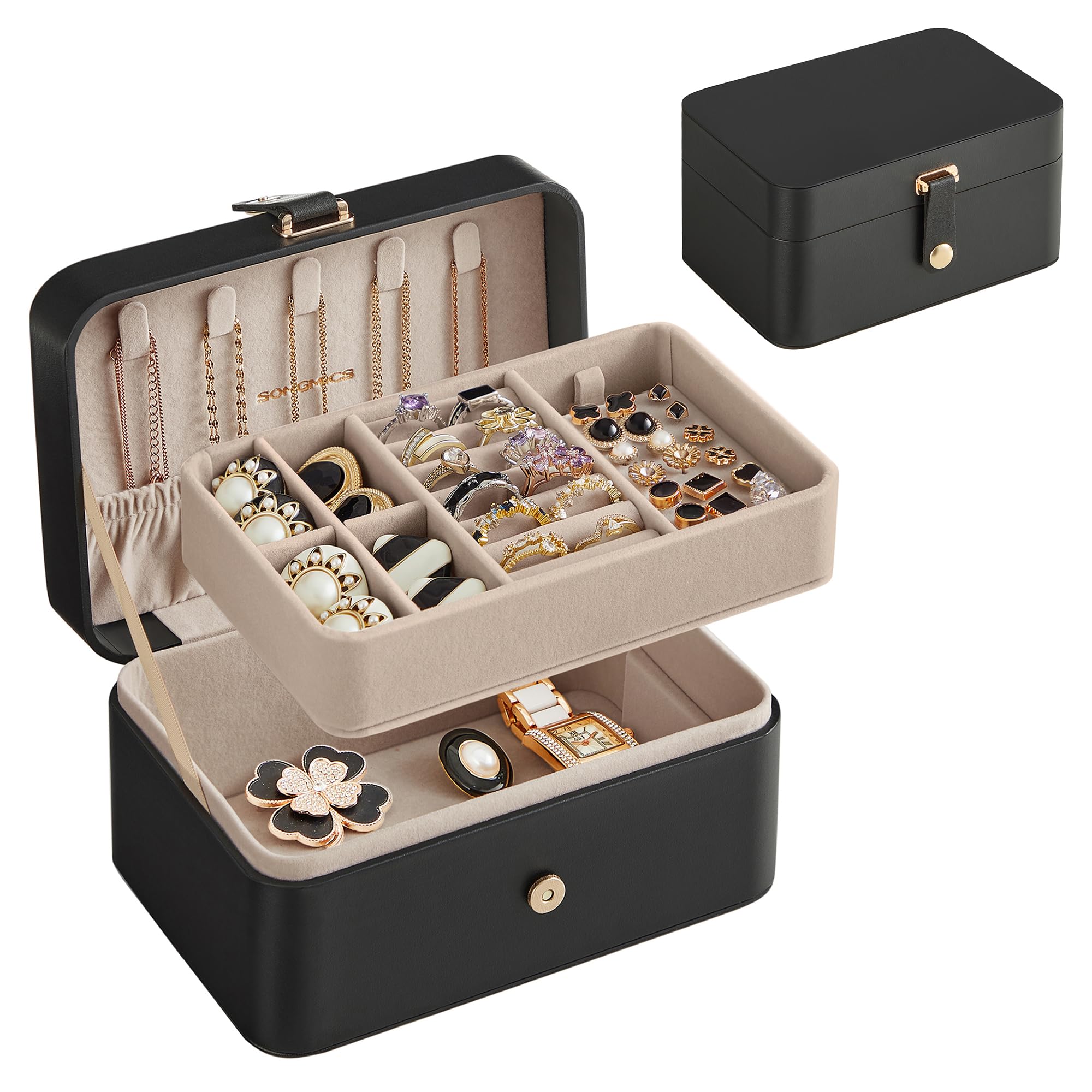 SONGMICS Jewellery Box, 2-Layer Jewellery Storage, 11 x 16 x 8 cm Travel Jewellery Box, Portable Jewellery Case, Small, Spacious, for Larger Accessories, Gift Idea, Ink Black JBC166B01
