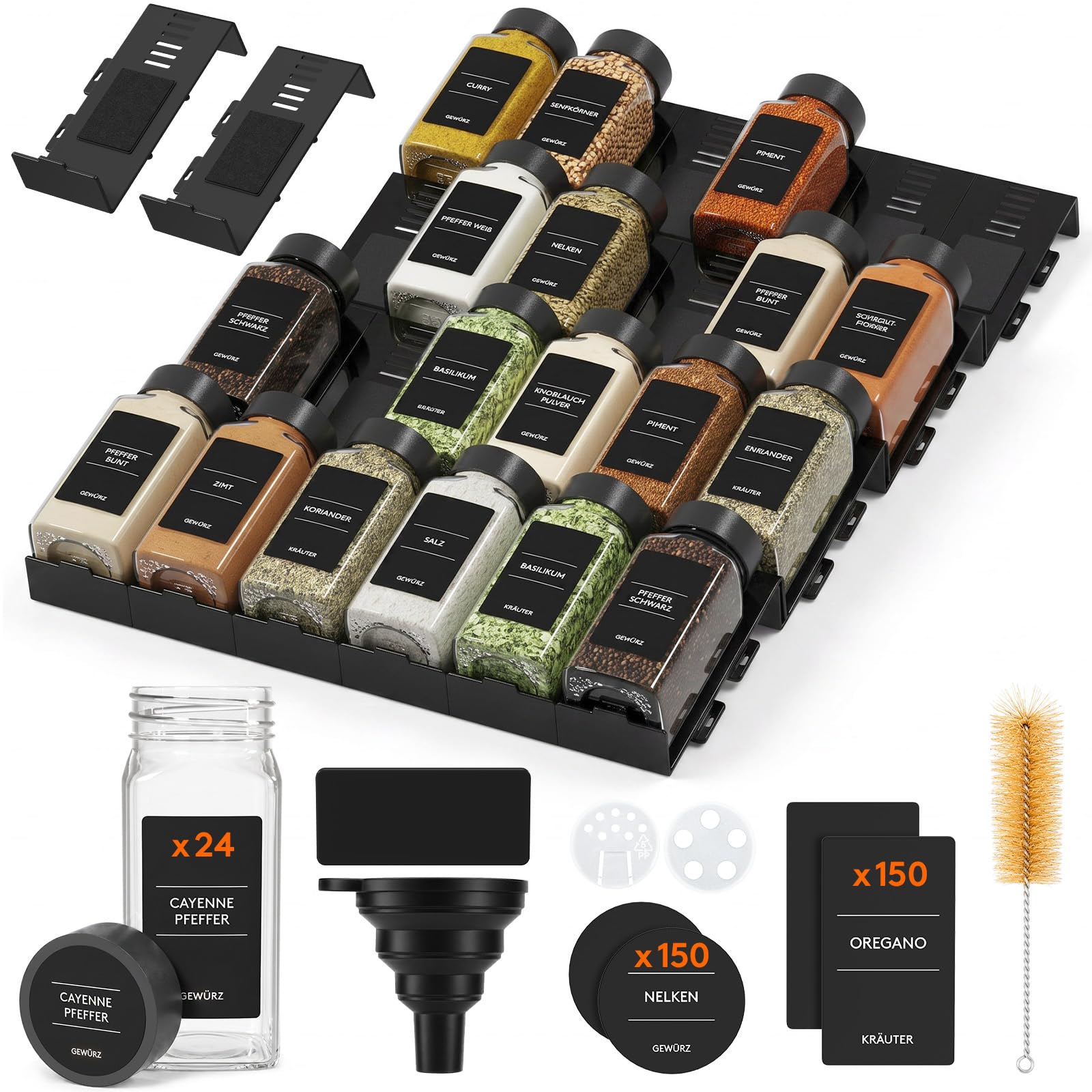 Lifewit Organizer Spezie per Cassetti 24 pezzi con 24 Bottiglie, Portaspezie Salvaspazio Regolabile e Combinabile per Cucina, Antiscivolante Porta spezie da Appoggio, Accessori Cucina Utili, Nero