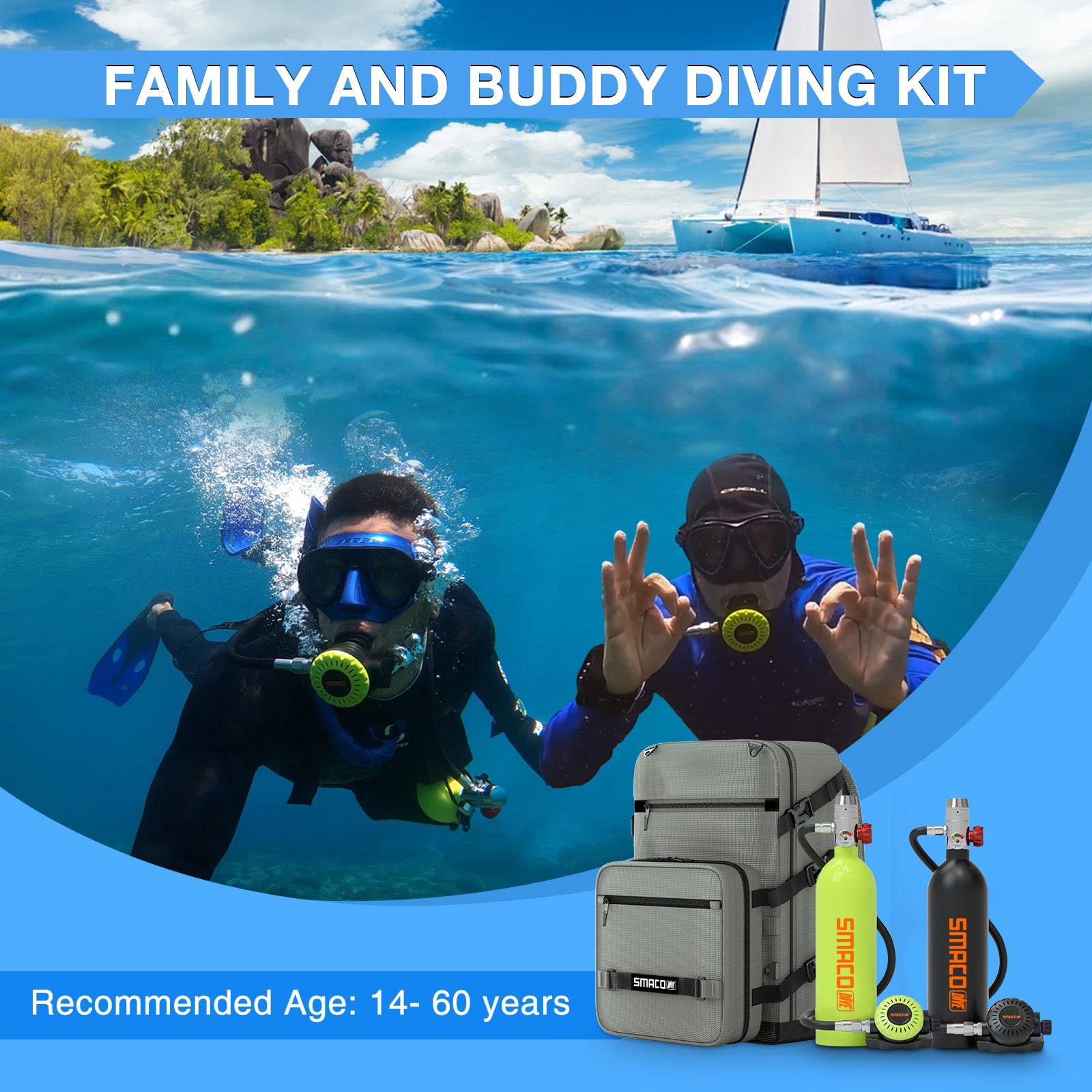 SMACO Mini Bombola Sub 1L Bombola Subacquea (2 Pezzi) per Immersioni Portatile Bombole Aria Sub Mini Scuba Tank per Soccorso di Emergenza Pulizia Imbarcazioni Fonte d'Aria di Riserva S400