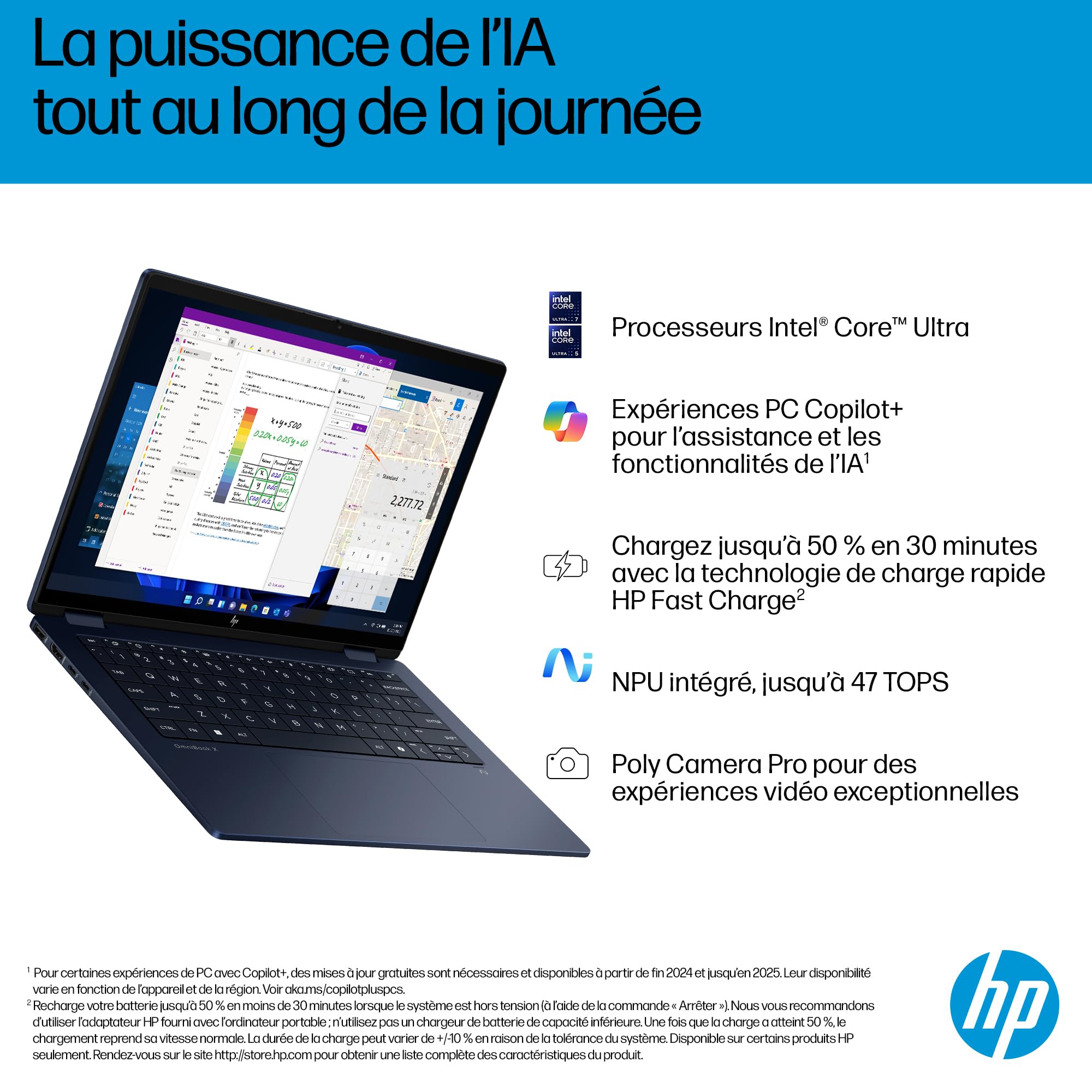 HP OmniBook X Flip 14-fm0000sf Ordinateur Portable 14" 2K OLED Tactile, PC Portable (Intel Ultra 5-226V, RAM 16 Go, SSD 512 Go, Intel Arc 130V GPU, Windows 11), Laptop Bleu, Clavier AZERTY