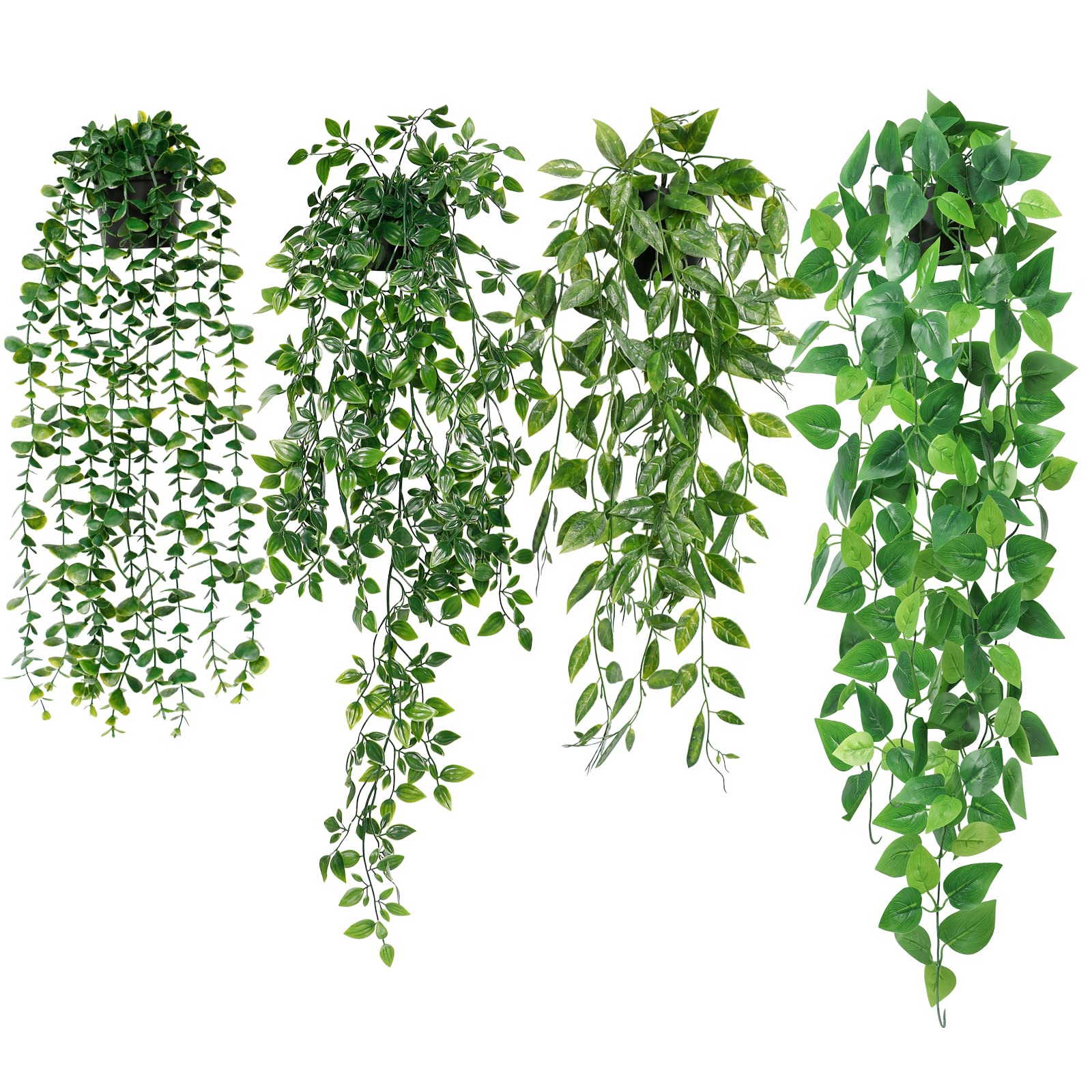 Betylifoy 4 Stück Künstliche Hängepflanzen Eukalyptus Blätter mit Töpfen 70cm Lang Wartungsfreie Künstliche Pflanzen Rebe für Hausgarten Indoor Outdoor Decor(Pothos)