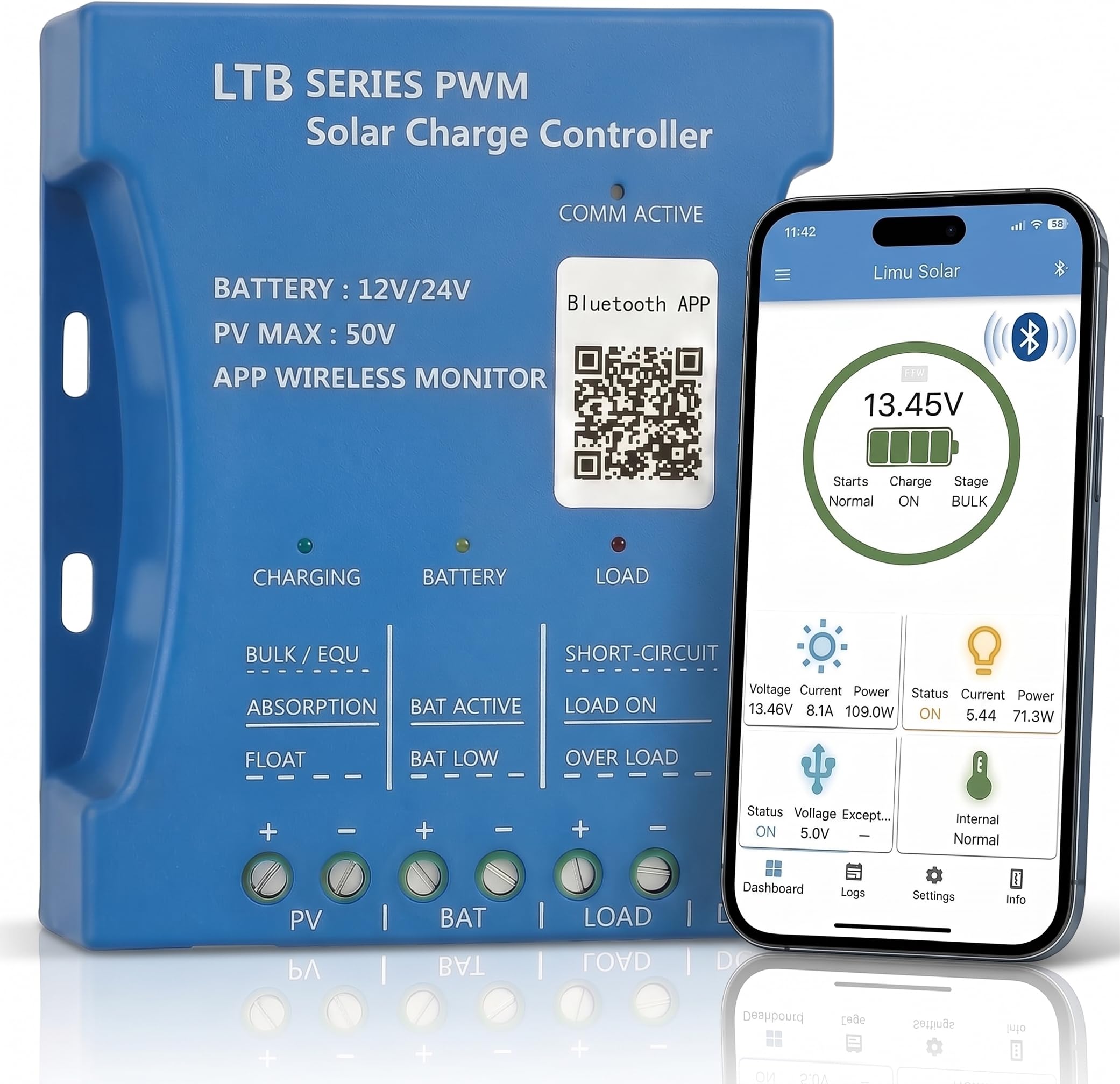 【30A Contrôleur de Charge Solaire Bluetooth】Régulateur Solaire 30A PV max 50V 12V/24V Contrôleur Solaire PWM pour Batteries Acide au Plomb, LiFePO4, Lithium