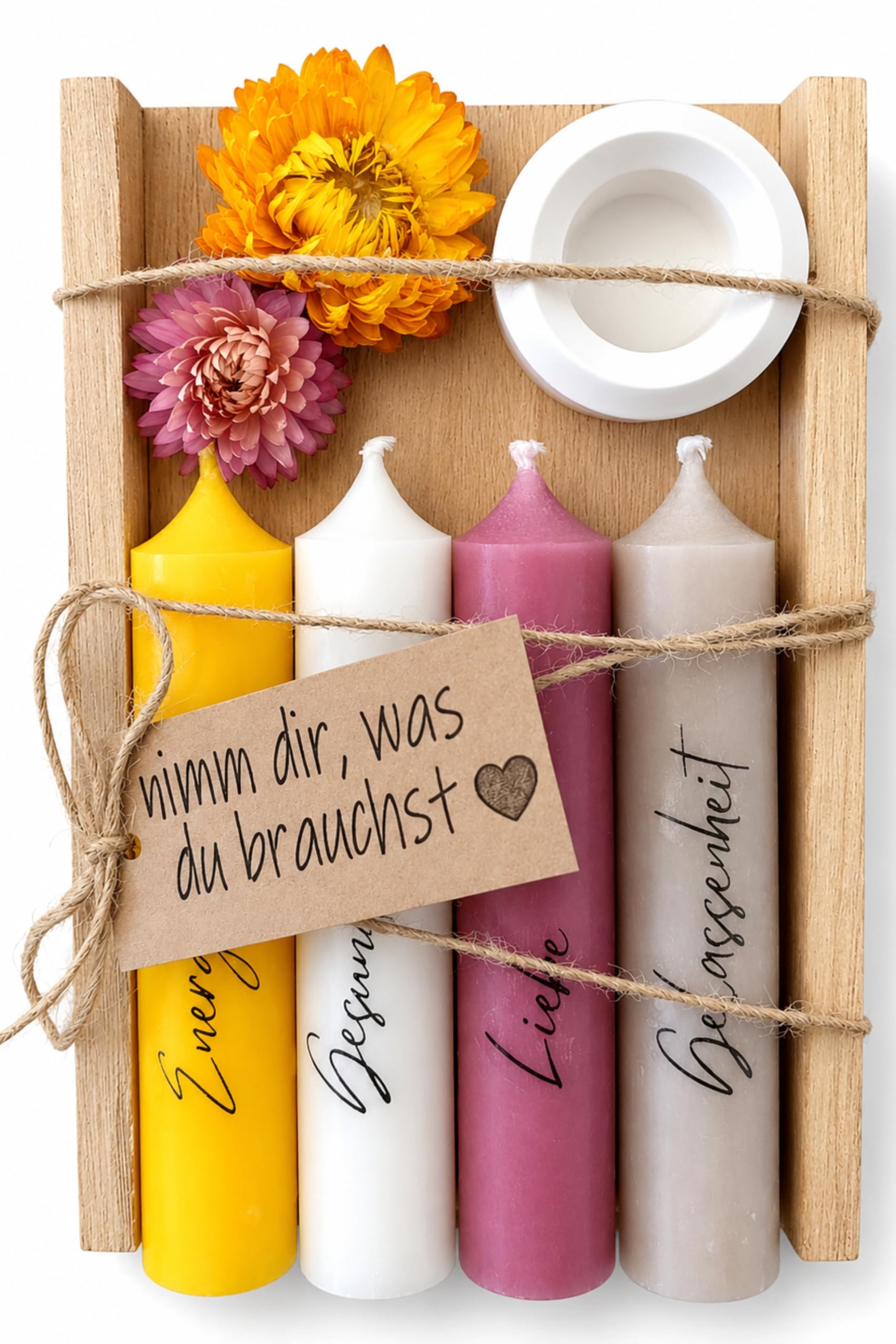 Kerzen Geschenkset Geburtstagsgeschenk für Frauen oder Freundin | nimm dir, was du brauchst | Mitbringsel | Kerzenhalter Holzkiste mit Kerzen Deko und Strohblumen