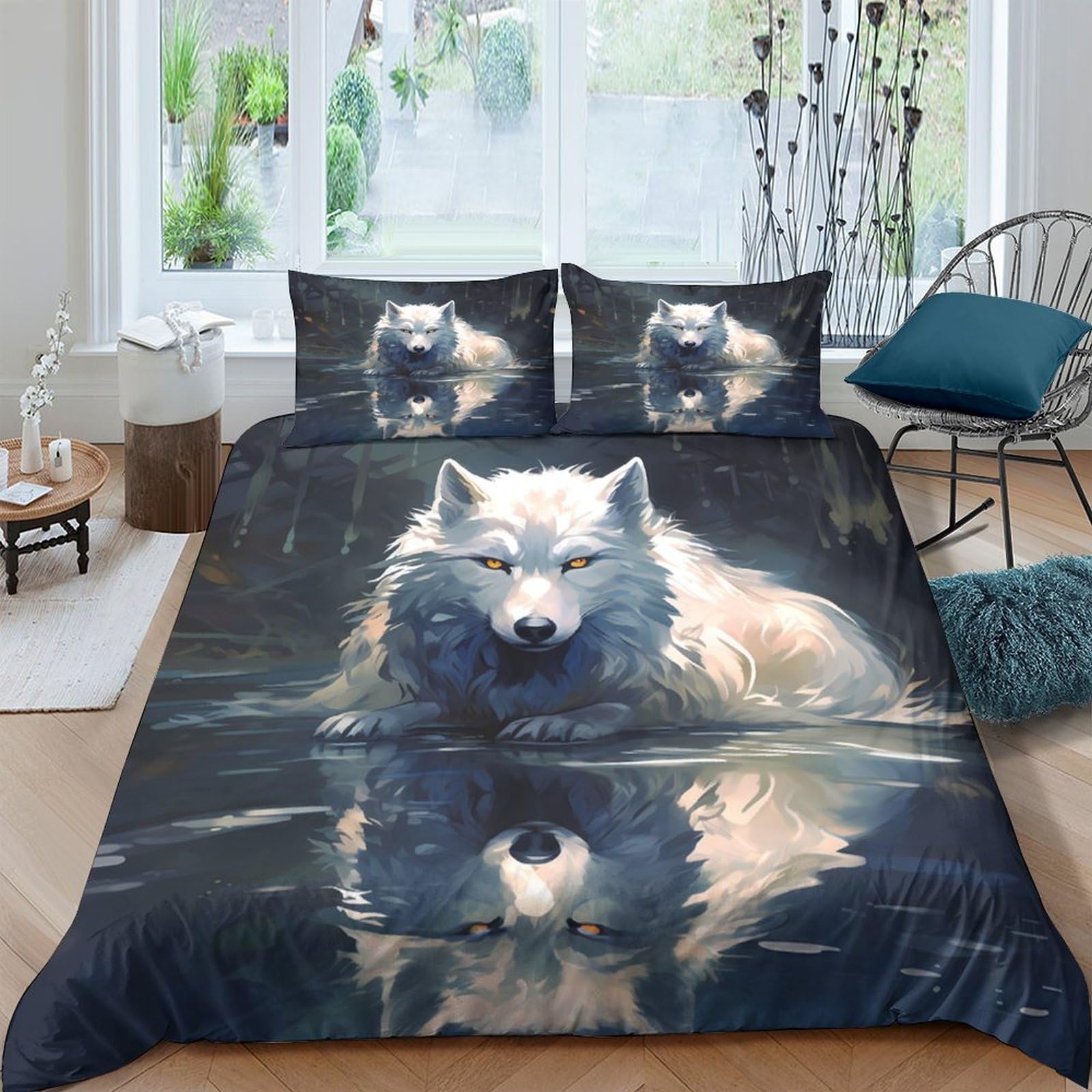 GPLZQXKJNH 3D Printed Wolf Reflection Duvet Cover Microfiber Soft Breathable Forest Lake Bedding Set with 2 Pillowcases for Bedroom Decor Single（135x200cm）